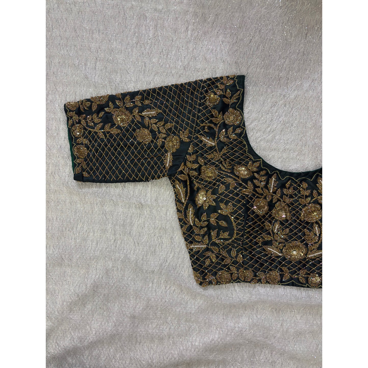 Dark Green Floral Bridal Cutdana Jaal Blouse Piece kreationbykj