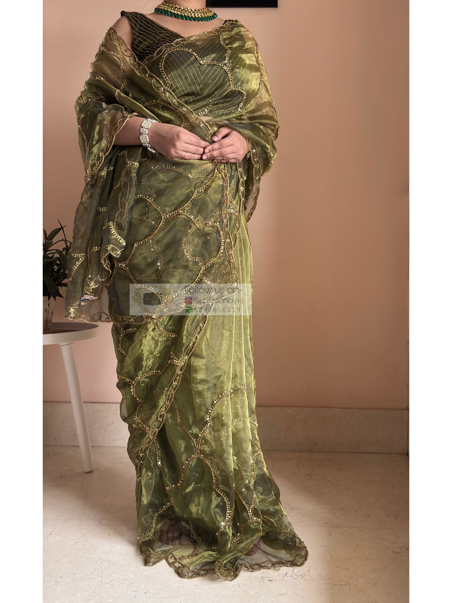 Military Green Chaudhvin ka Chand Saree for Wedding Kreation by KJ