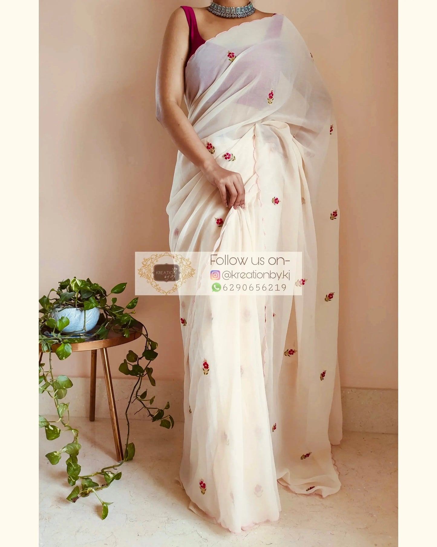 Off White Georgette Periwinkle Saree kreationbykj.in