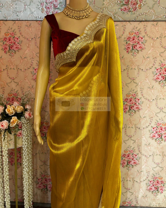 Golden Yellow Zari Tissue with Golden Border Saree kreationbykj