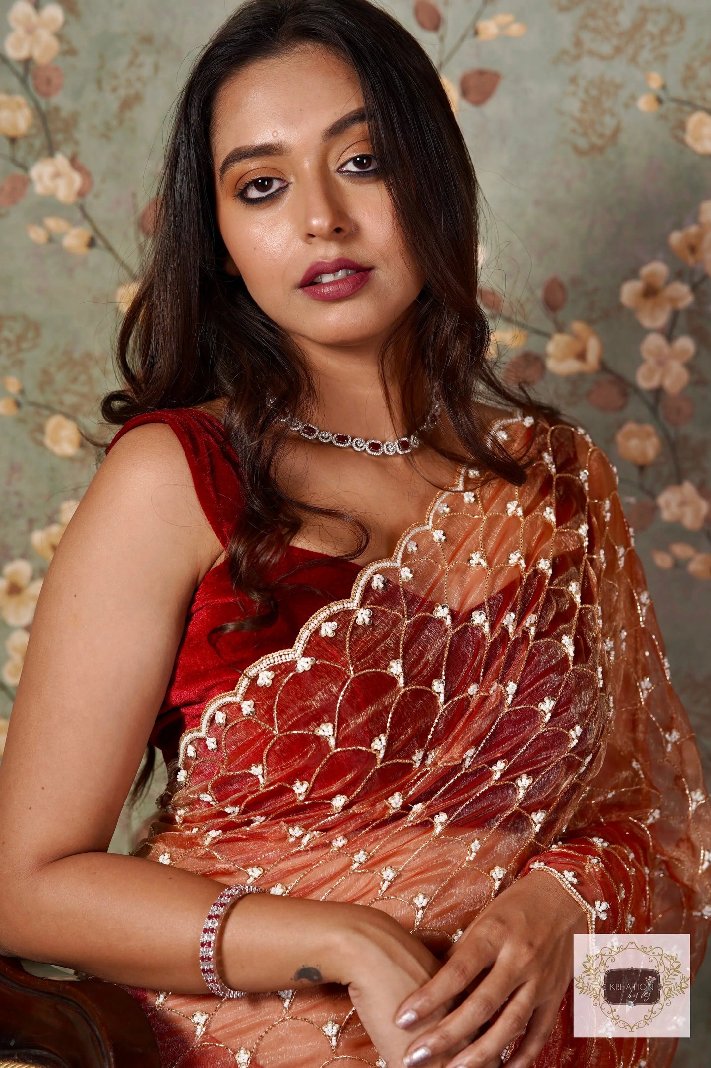 Marigold Glass Tissue Mehraab Jaal Saree kreationbykj