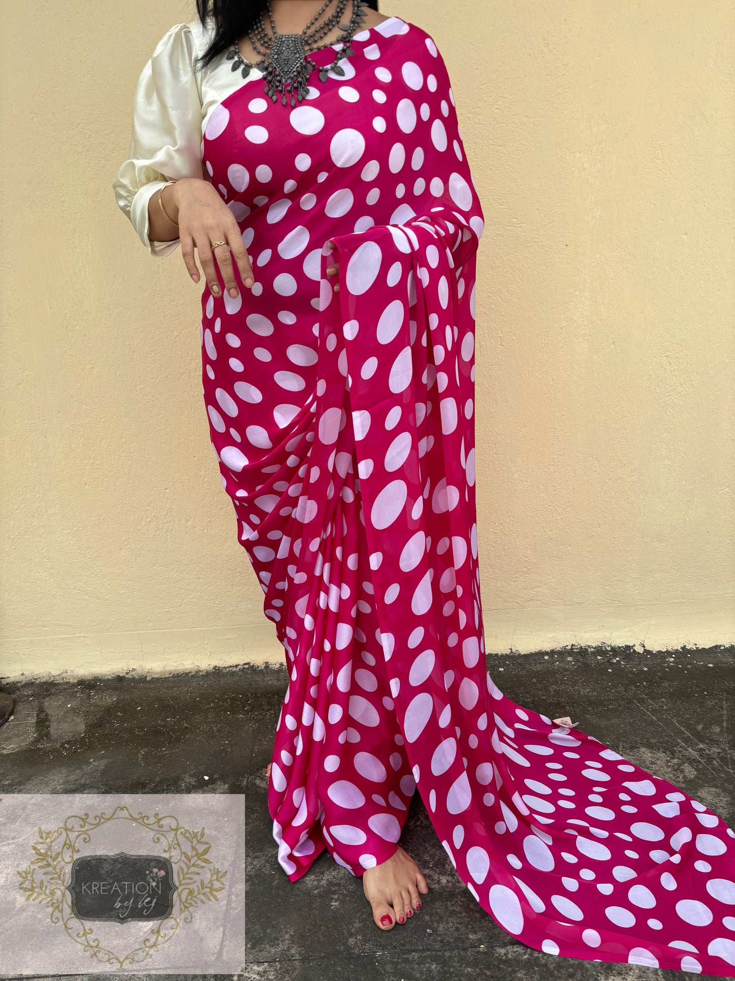 Magenta Pink Polka Dot Saree kreationbykj