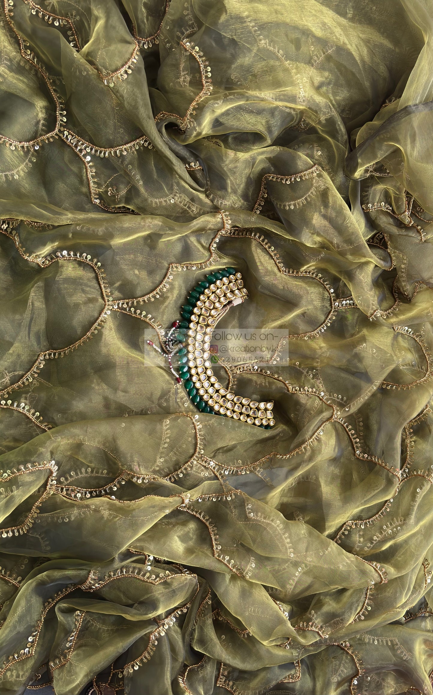 Military Green Chaudhvin ka Chand Saree for Wedding Kreation by KJ