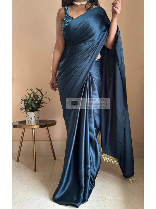 Midnight Blue Satin Silk Saree With Handmade Tassels On Pallu kreationbykj