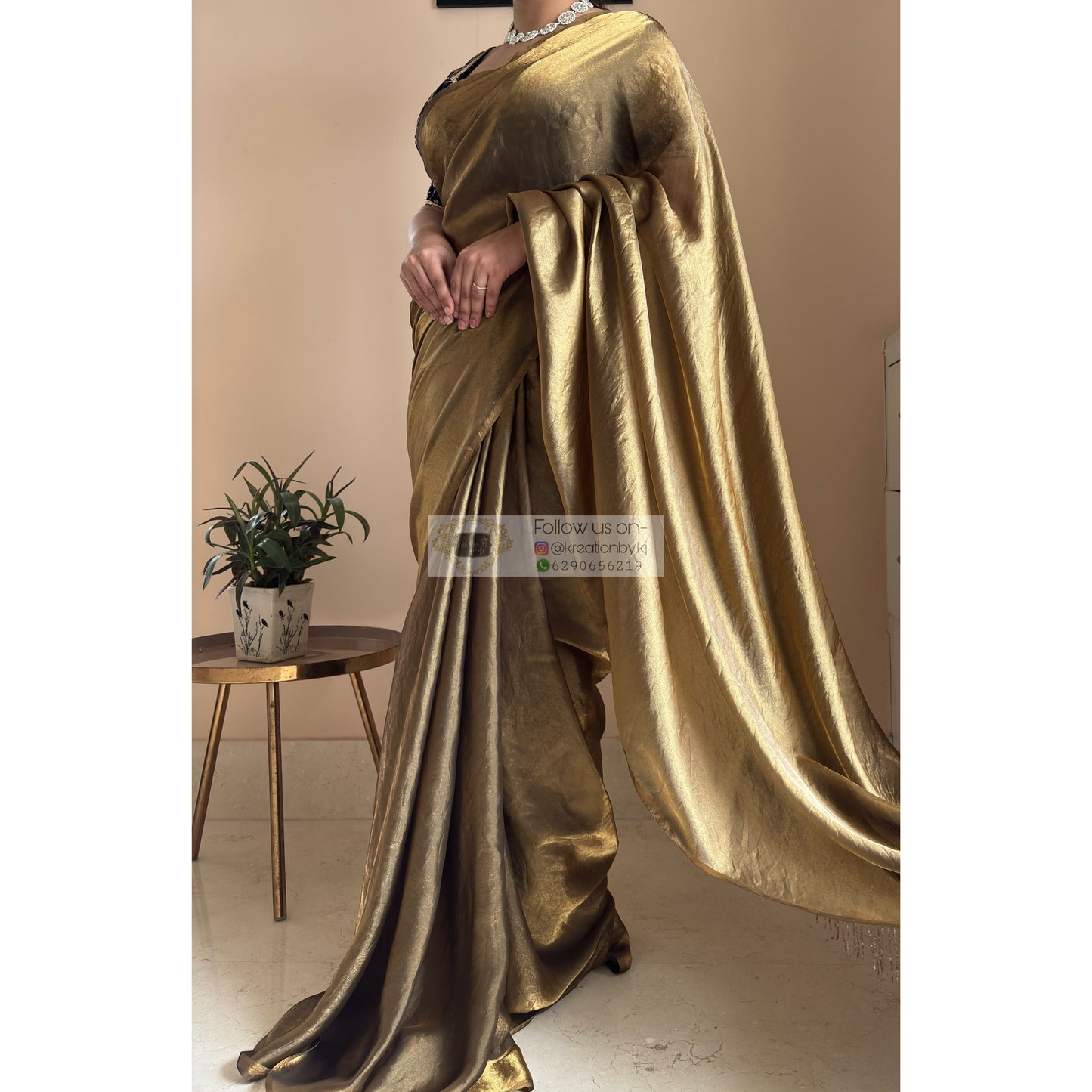 Molten Golden Shimmer Satin Saree With Handmade Tassels on Pallu kreationbykj