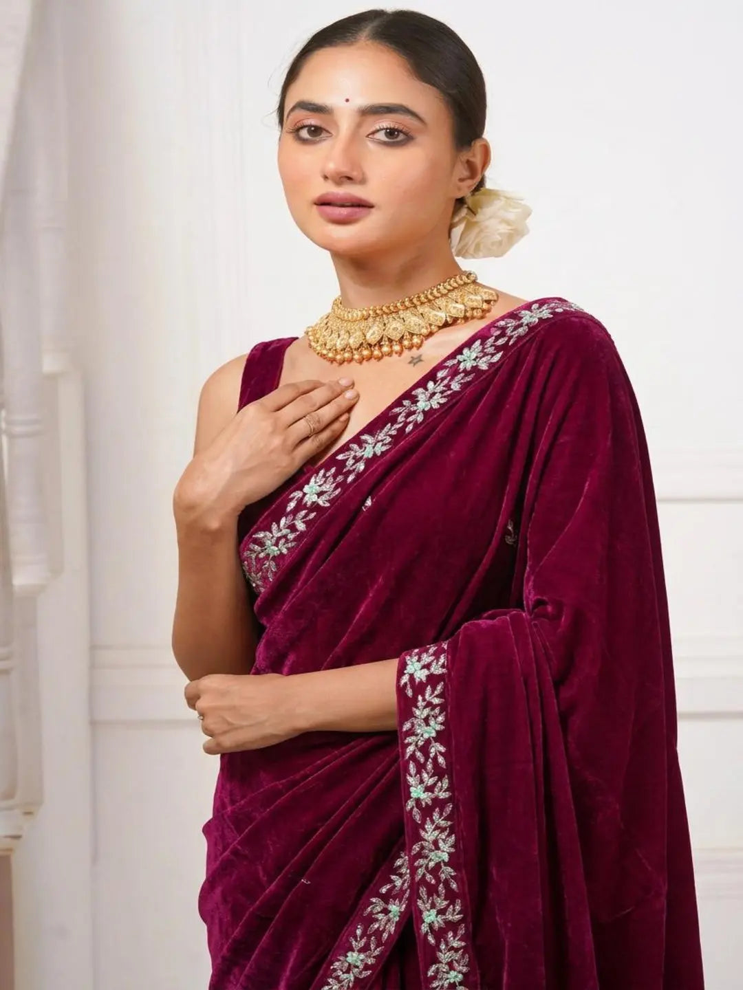 Purple Wine Velvet Chandani Saree with Cutdana Work Kreation by KJ