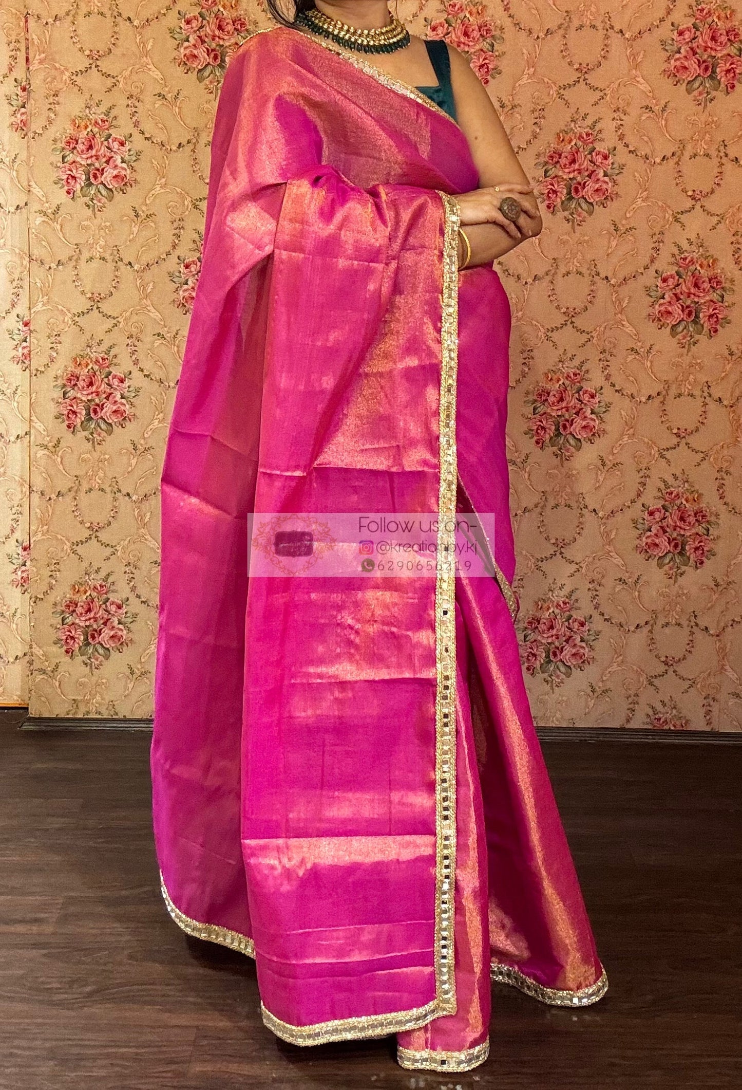 Hot Pink Mirage Saree with Cut Mirror Border kreationbykj