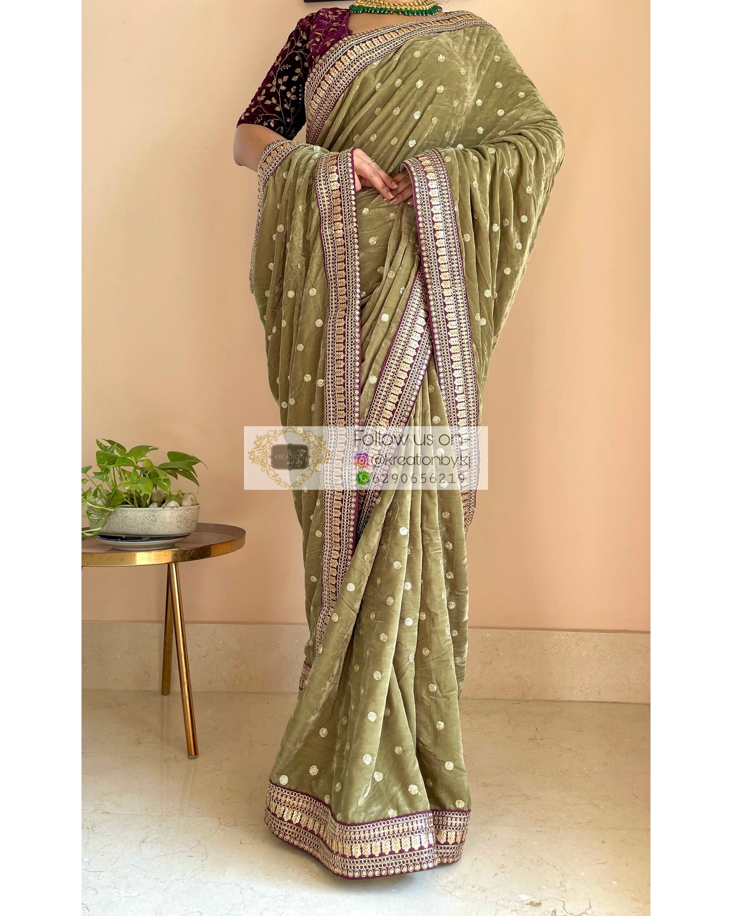Sage Green Velvet Saree With Border kreationbykj