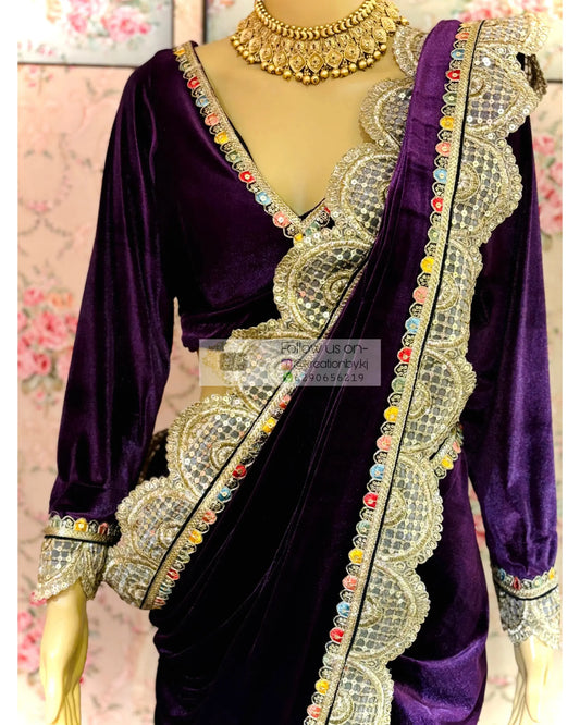 Purple Velvet Banno Saree kreationbykj