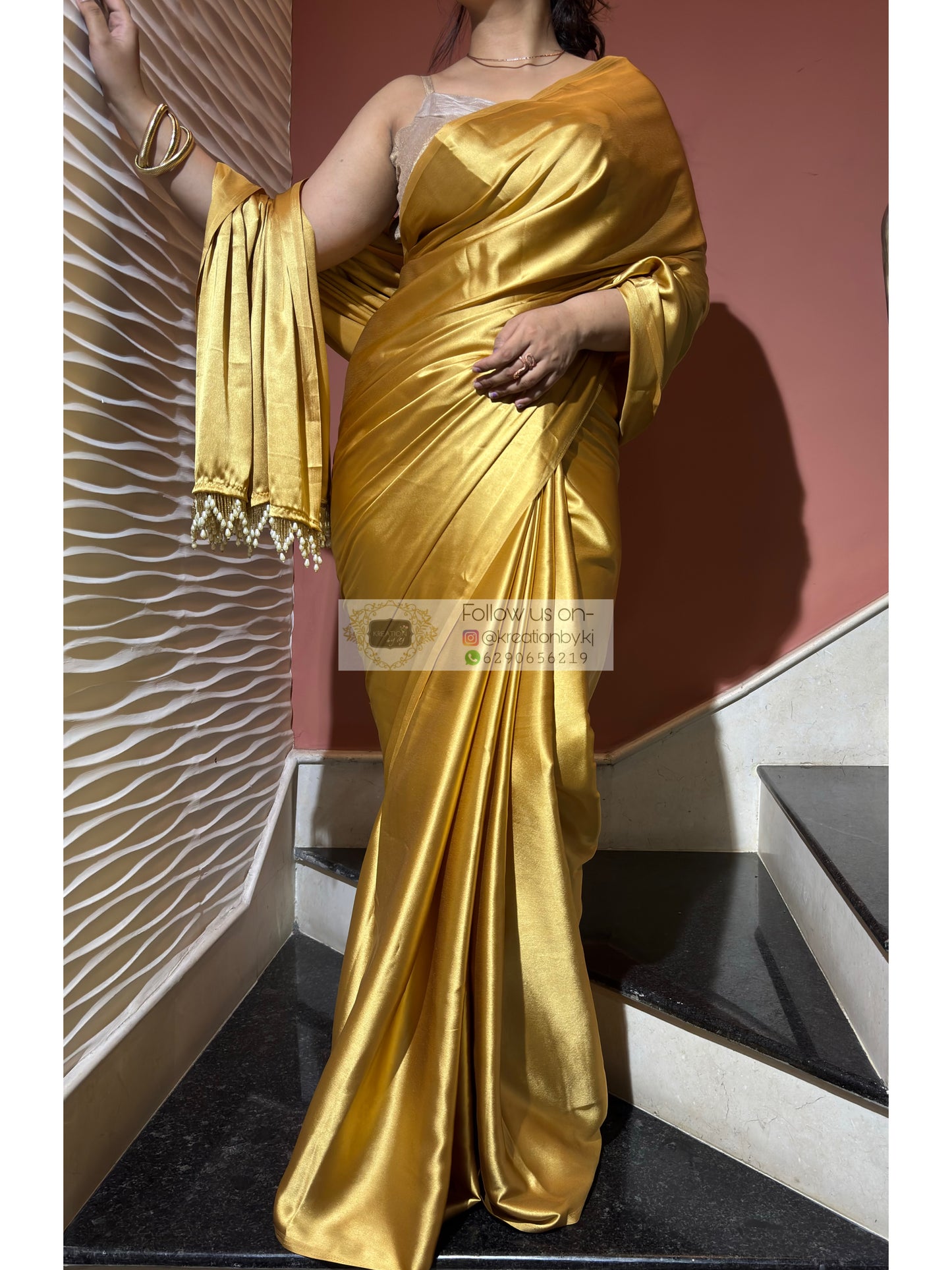 Golden mustard Satin Silk Saree with Handmade Tassels on Pallu - kreationbykj
