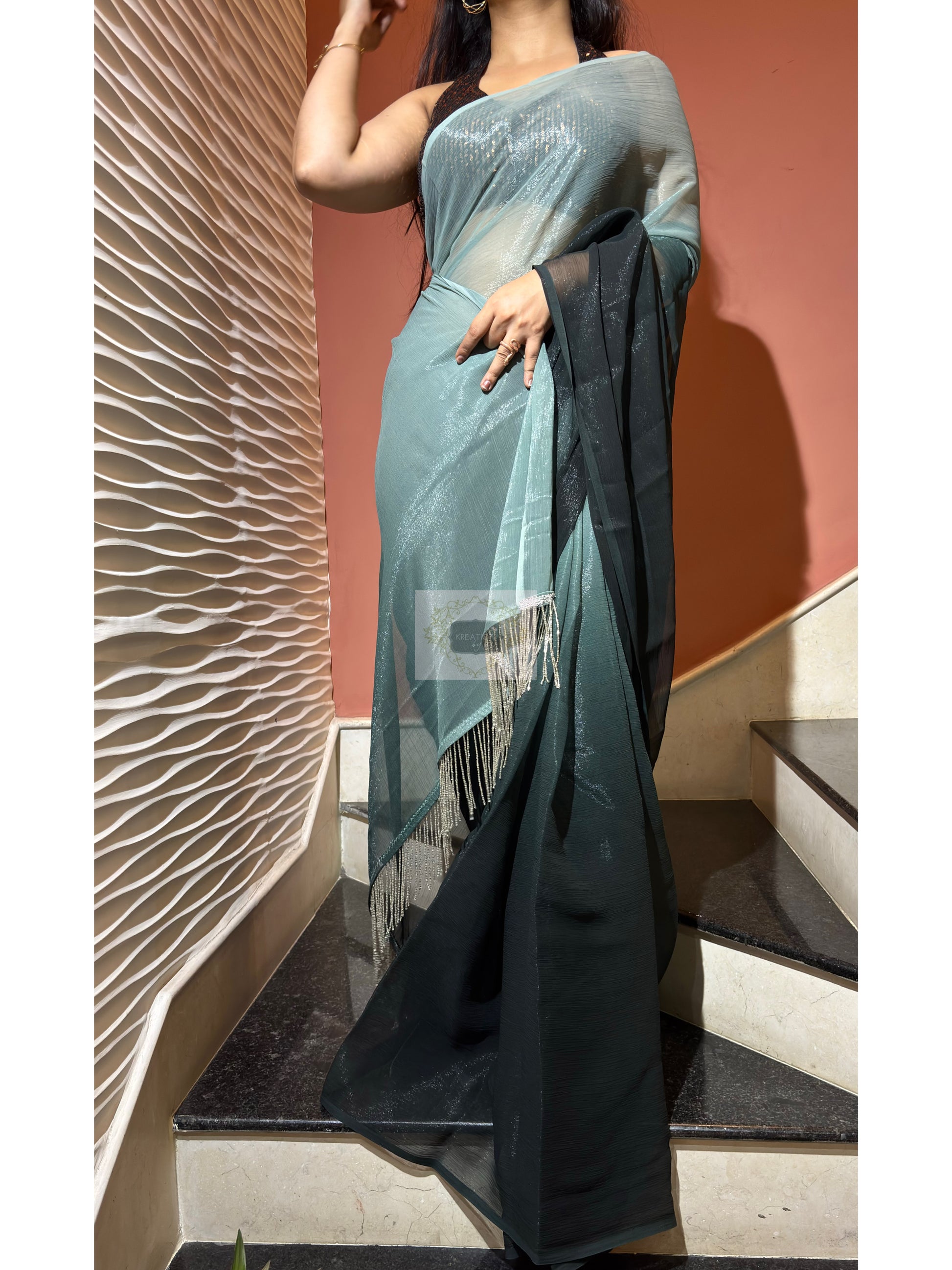 Soft Greenish Hues Ombré Saree - kreationbykj