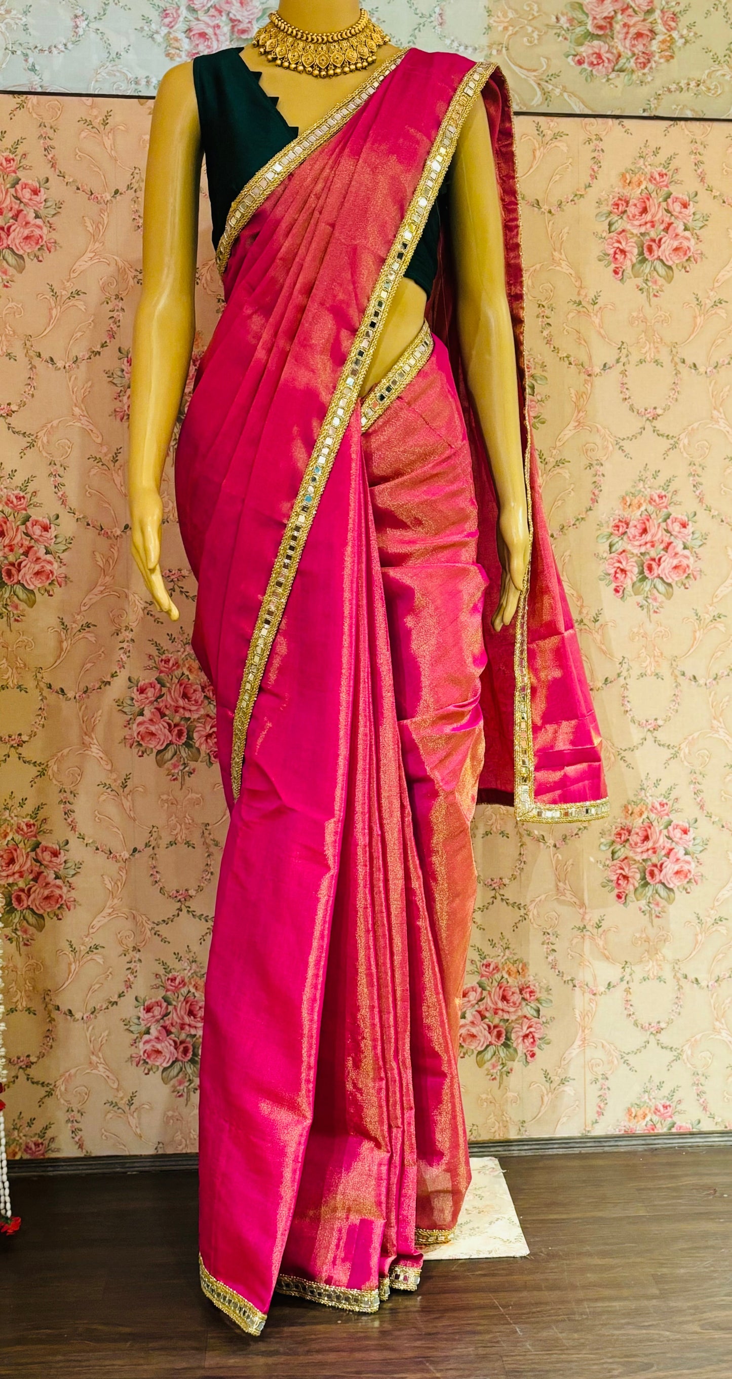 Hot Pink Mirage Saree with Cut Mirror Border kreationbykj