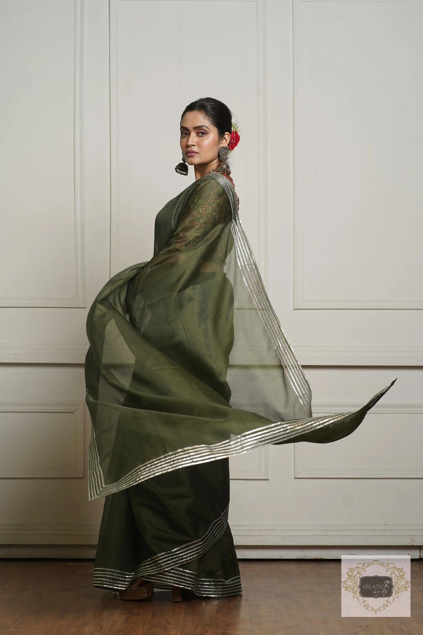 Olive Green Kota Silver Lining Saree With Gota Border kreationbykj