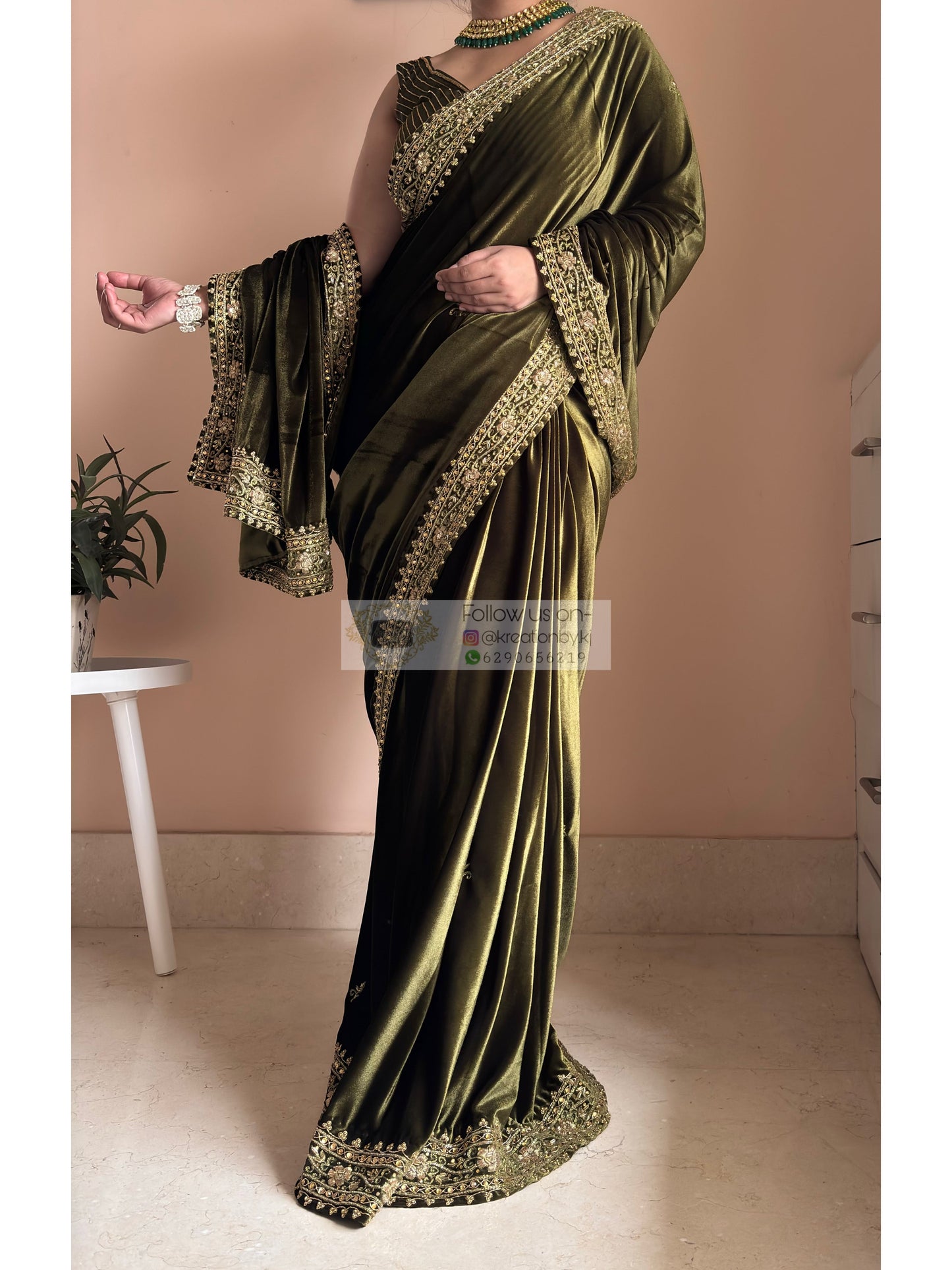 Mehendi Green Velvet Zarina Saree for Wedding Kreation by KJ