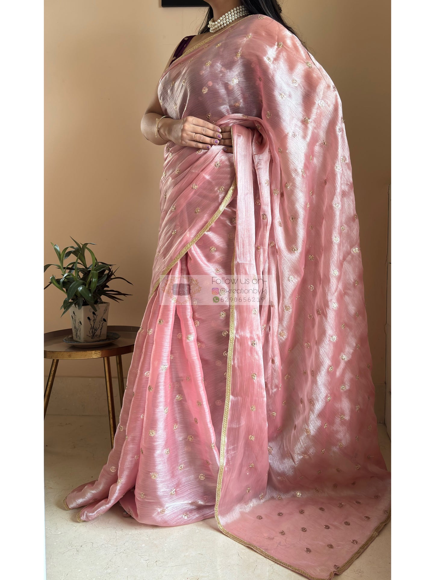 Peach Mettalic Chiffon Saree with Sequin Border