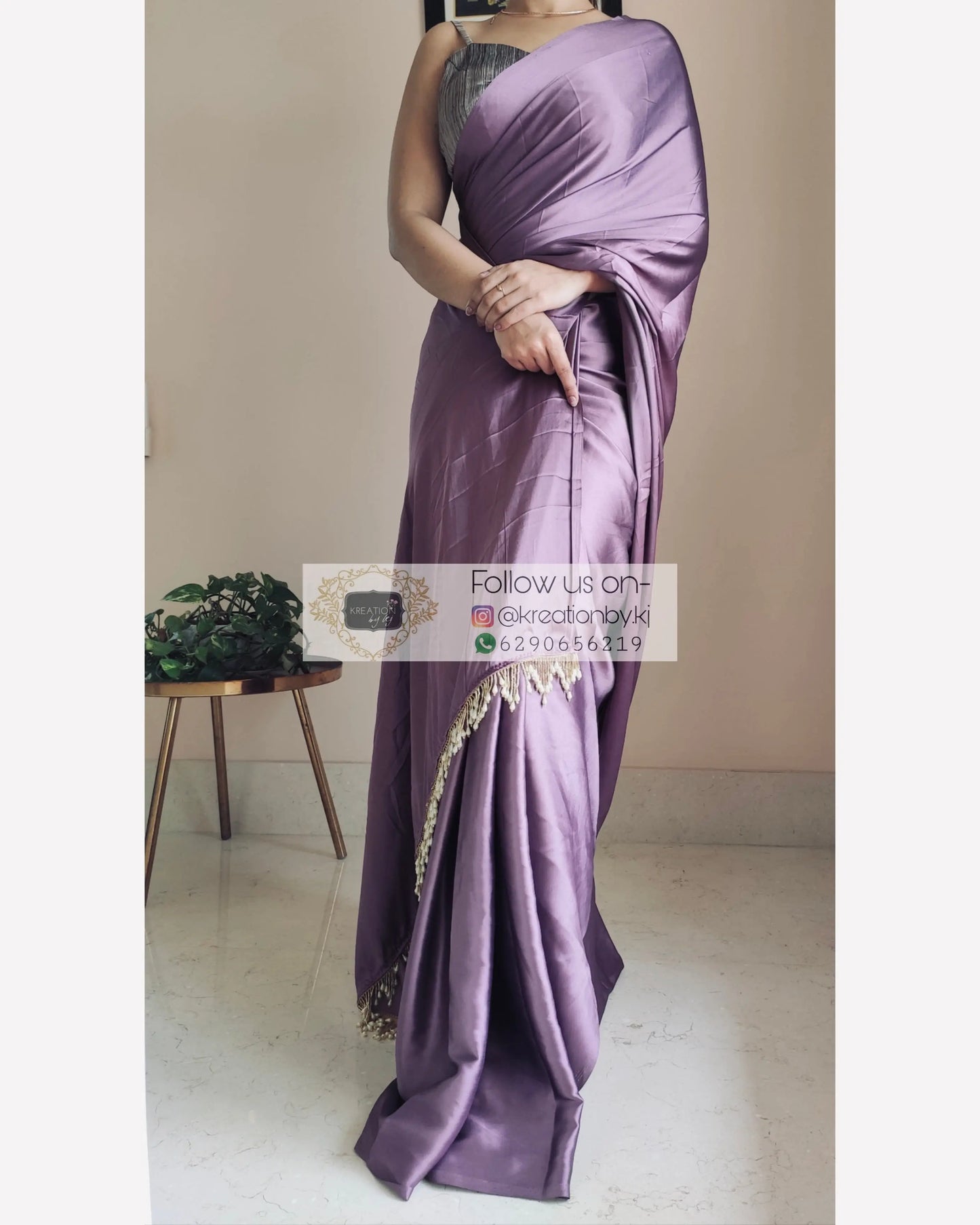 Heather Satin Silk Saree With Handmade Tassels On Pallu kreationbykj.in