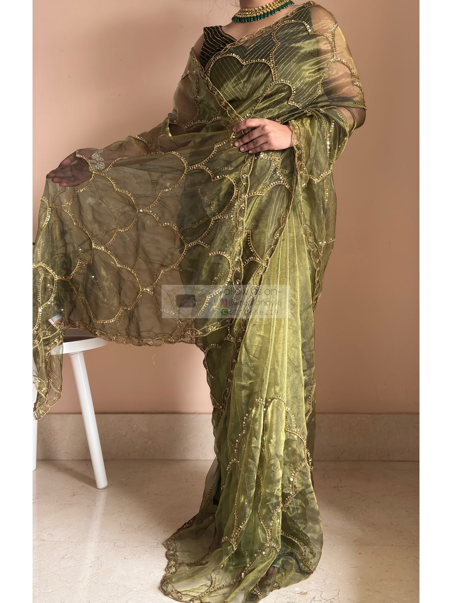 Military Green Chaudhvin ka Chand Saree for Wedding Kreation by KJ