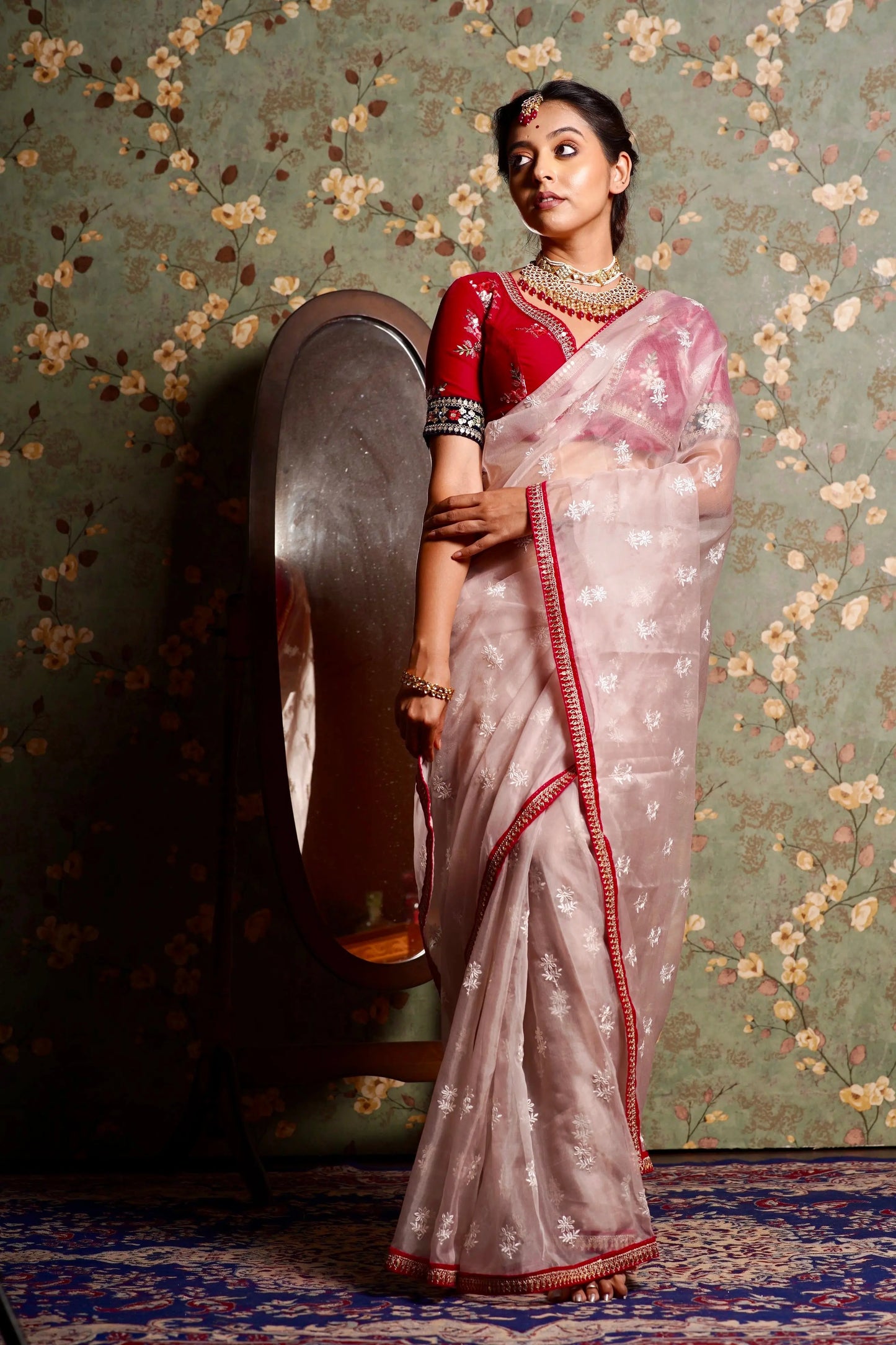 Blush Pink Organza Saree with Rani Pink Border kreationbykj
