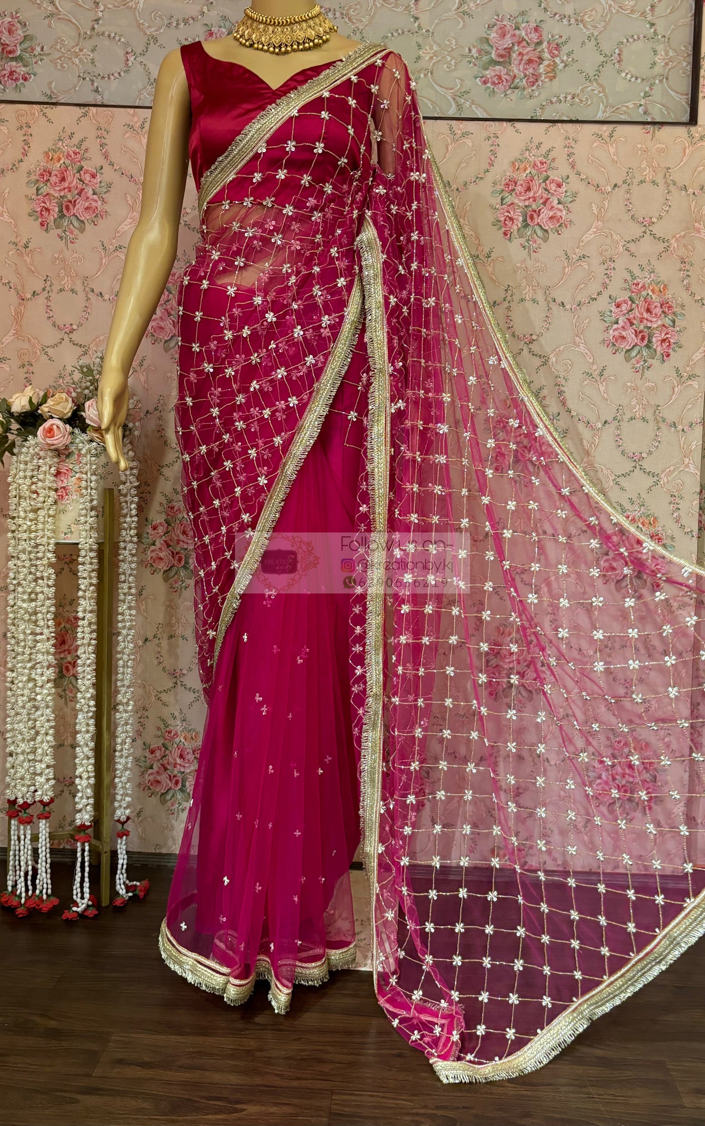 Hot Pink Cutdana Jaal Net Saree kreationbykj