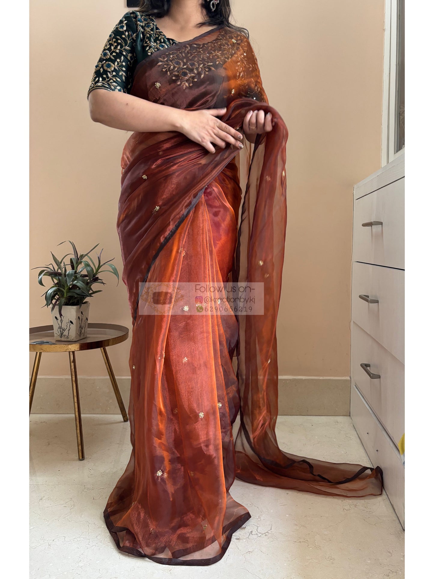 Copper Brown Glass Tissue Cocktail Saree
