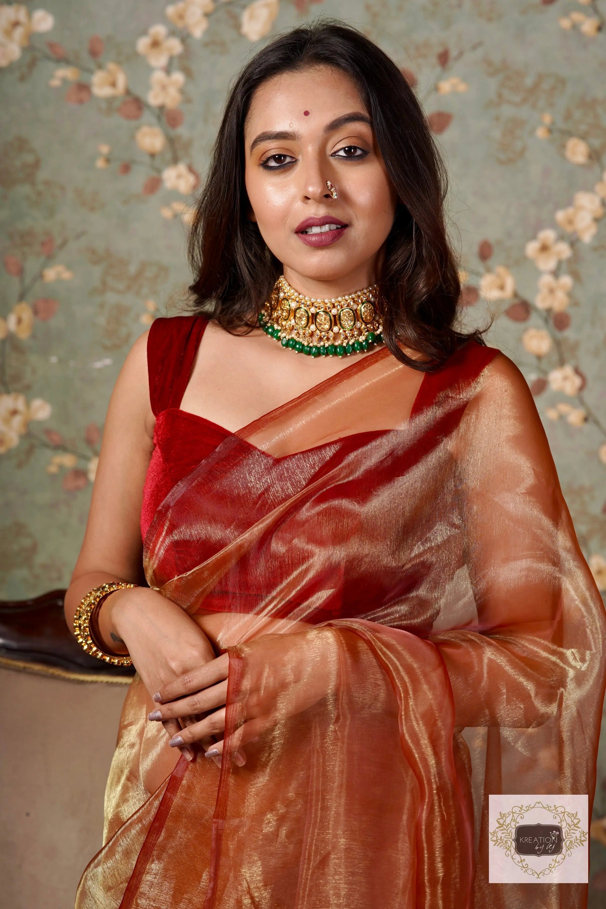 Golden Auburn Glass Tissue Saree kreationbykj