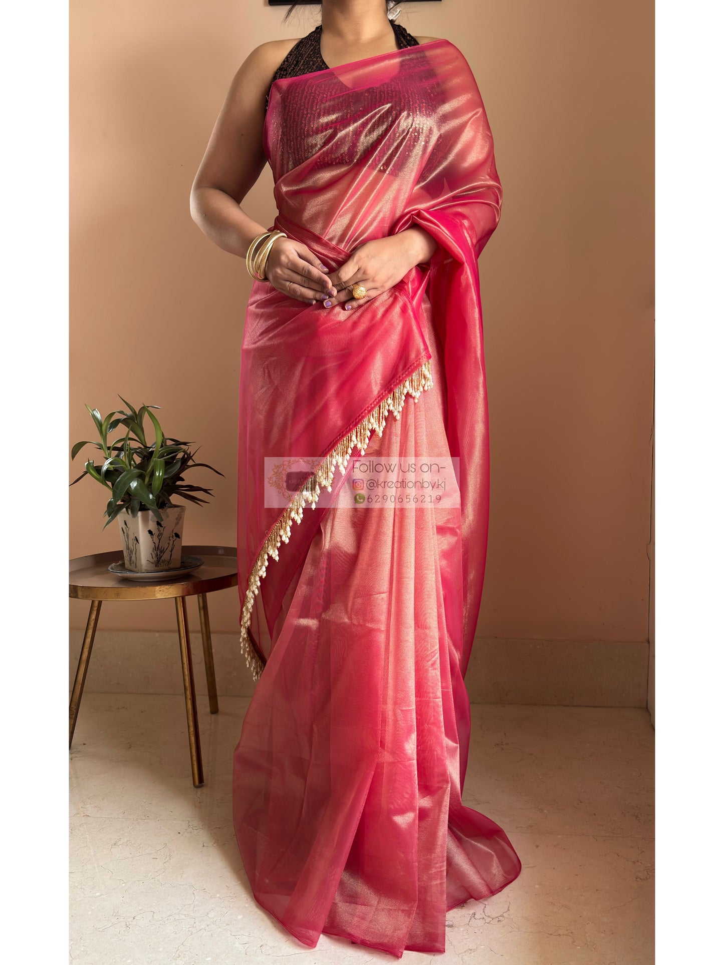 Rose Pink Tissue Net Bridal  Saree kreationbykj
