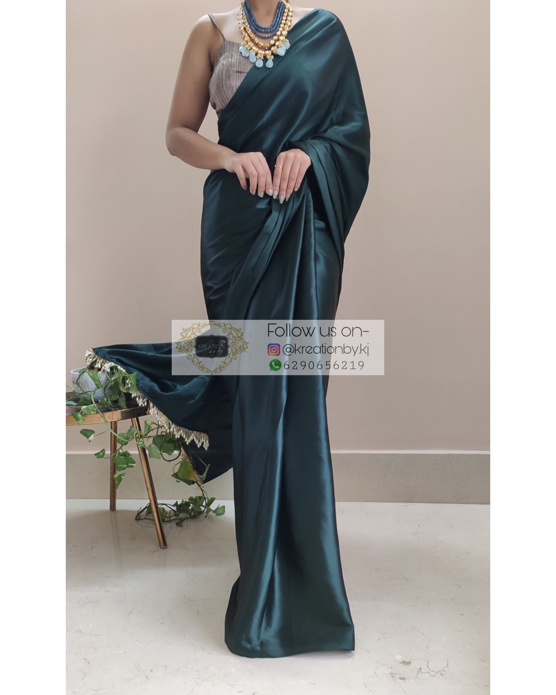 Dark Blackish Green Satin Silk Cocktail Saree kreationbykj