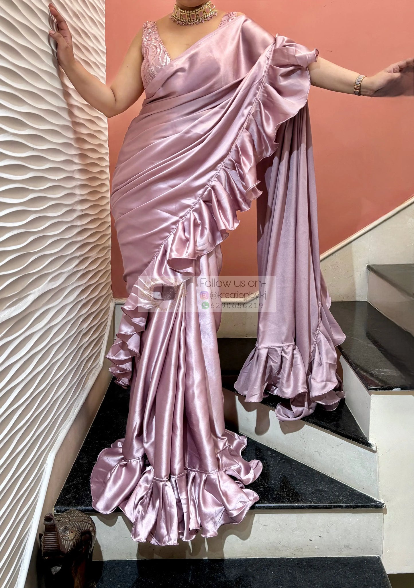 Dusk Mauve Satin Silk Ruffle Saree kreationbykj