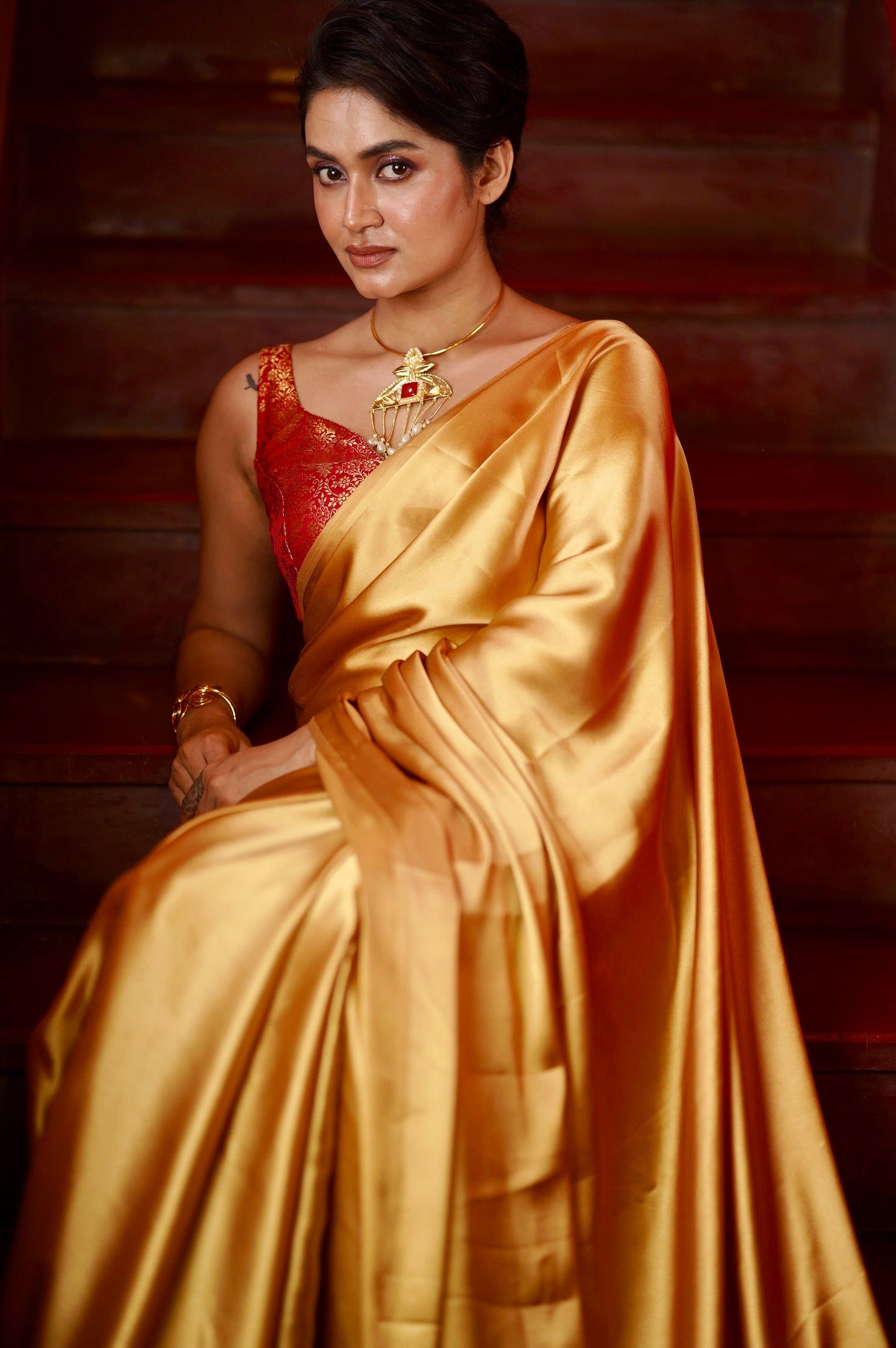 Champagne Gold Satin Saree kreationbykj