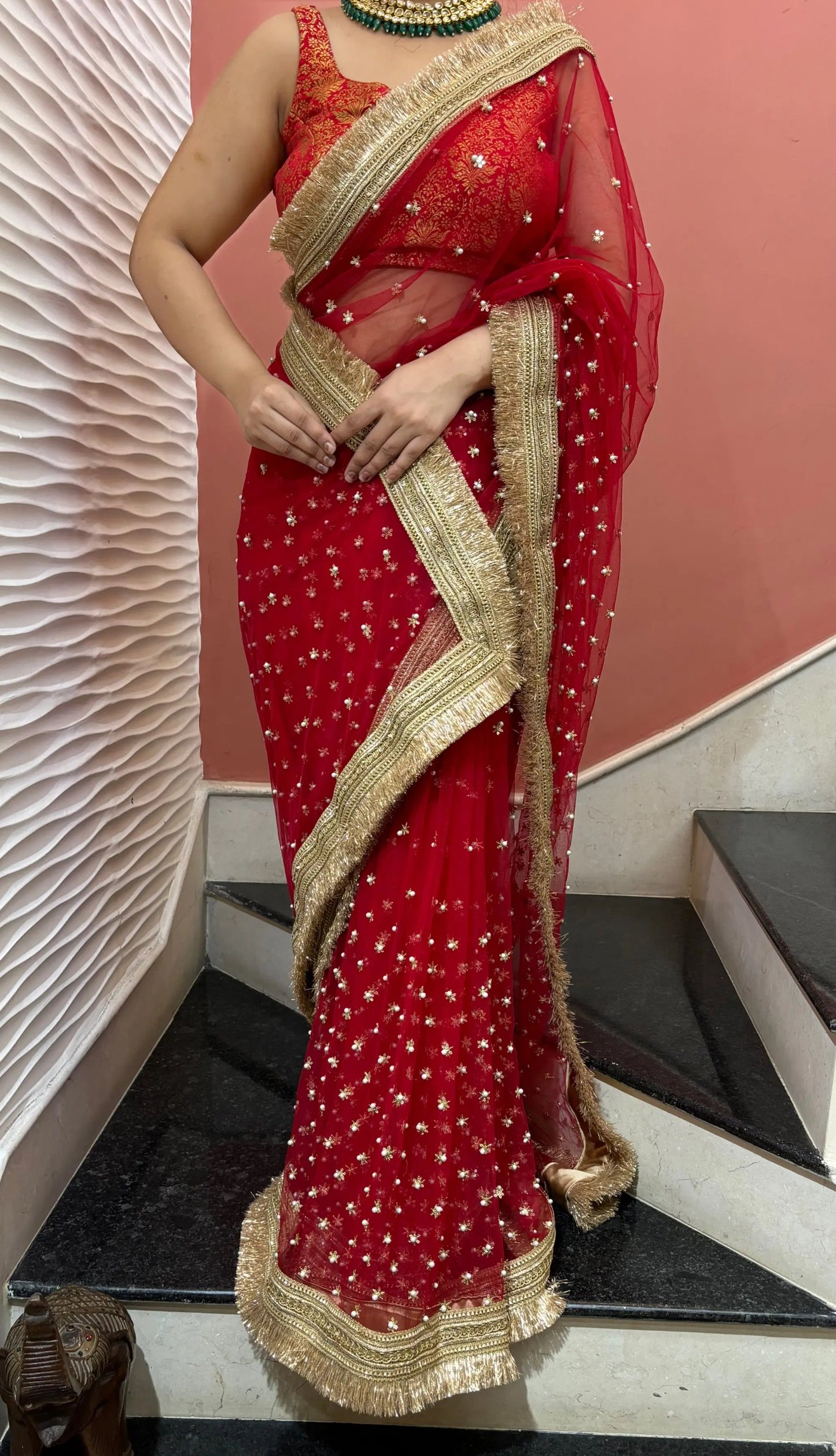 Red Jugnoo Banno Embellished Net Saree kreationbykj