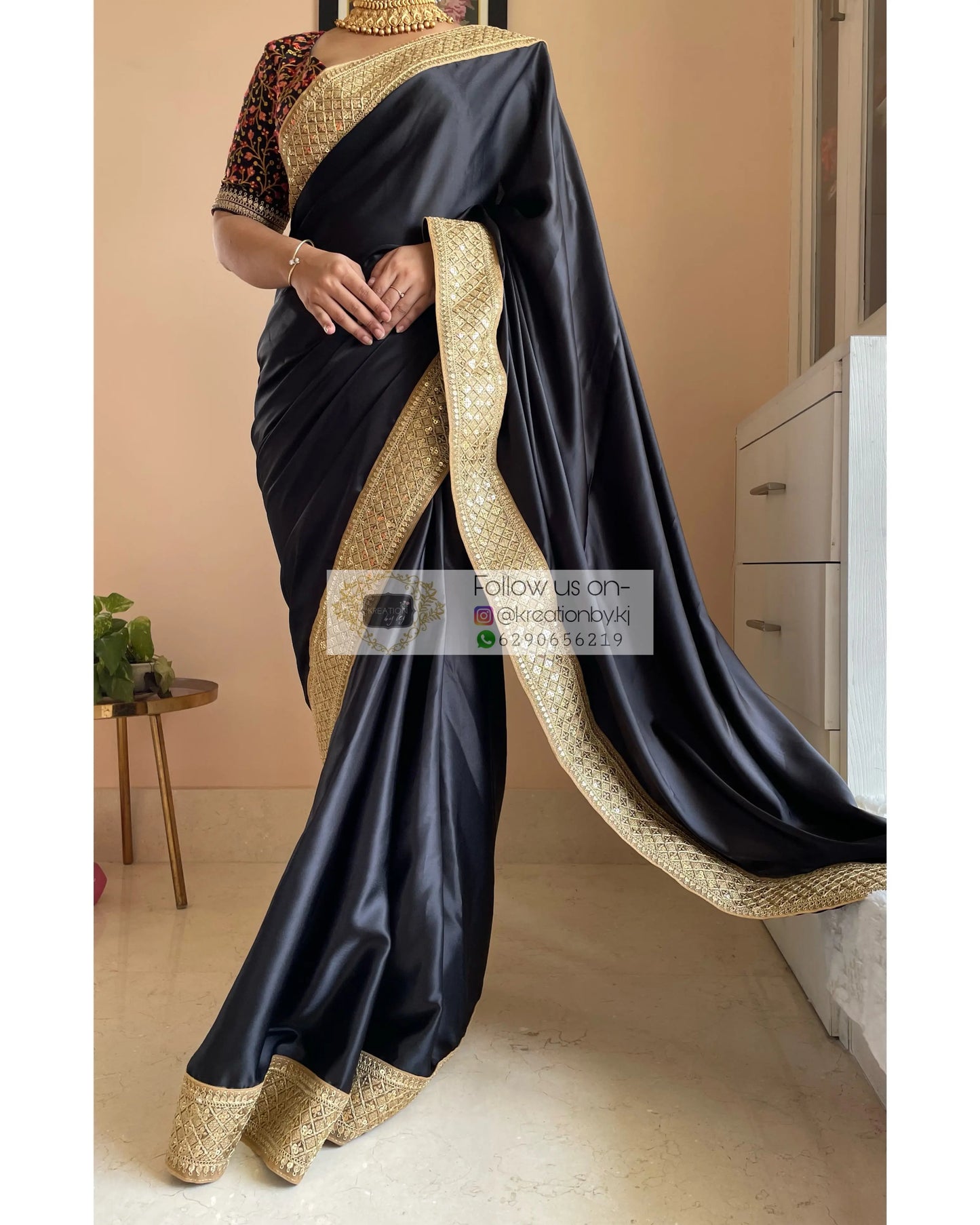 Black Satin Saree with Gold Border kreationbykj