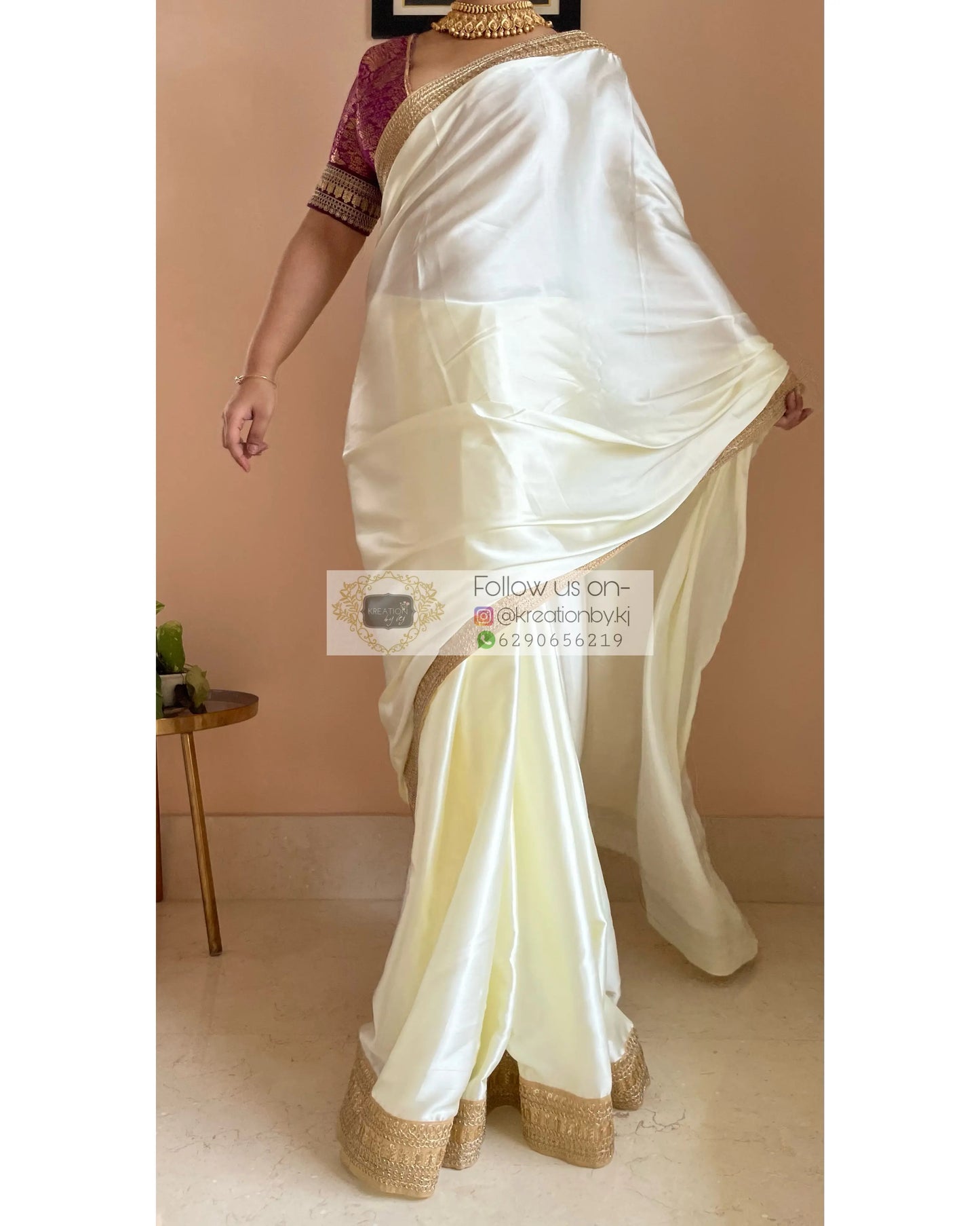 Cream Satin Silk Saree with Beige Border-Agomoni kreationbykj
