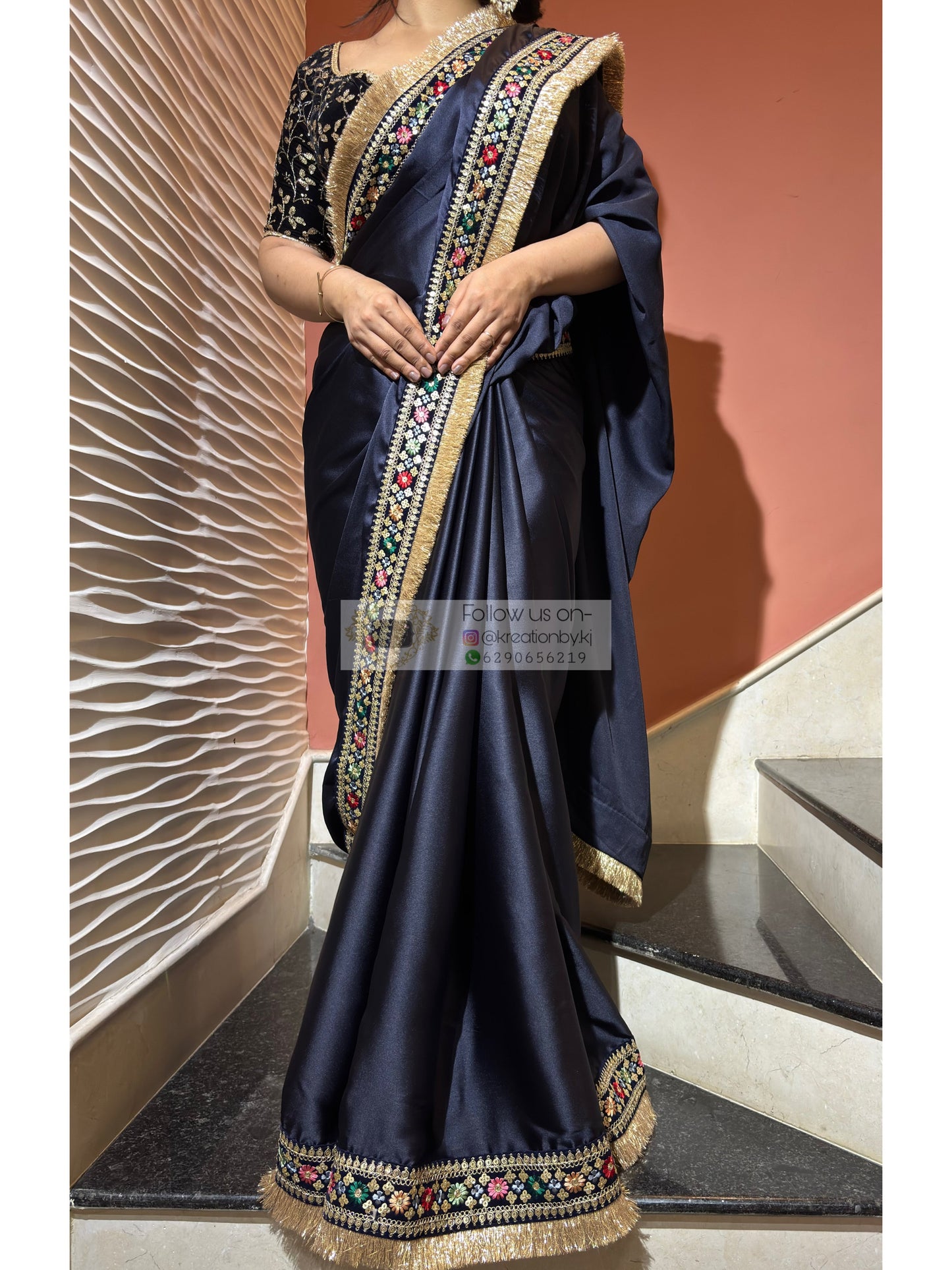 Navy Blue Satin Silk Floral Banno Saree kreationbykj