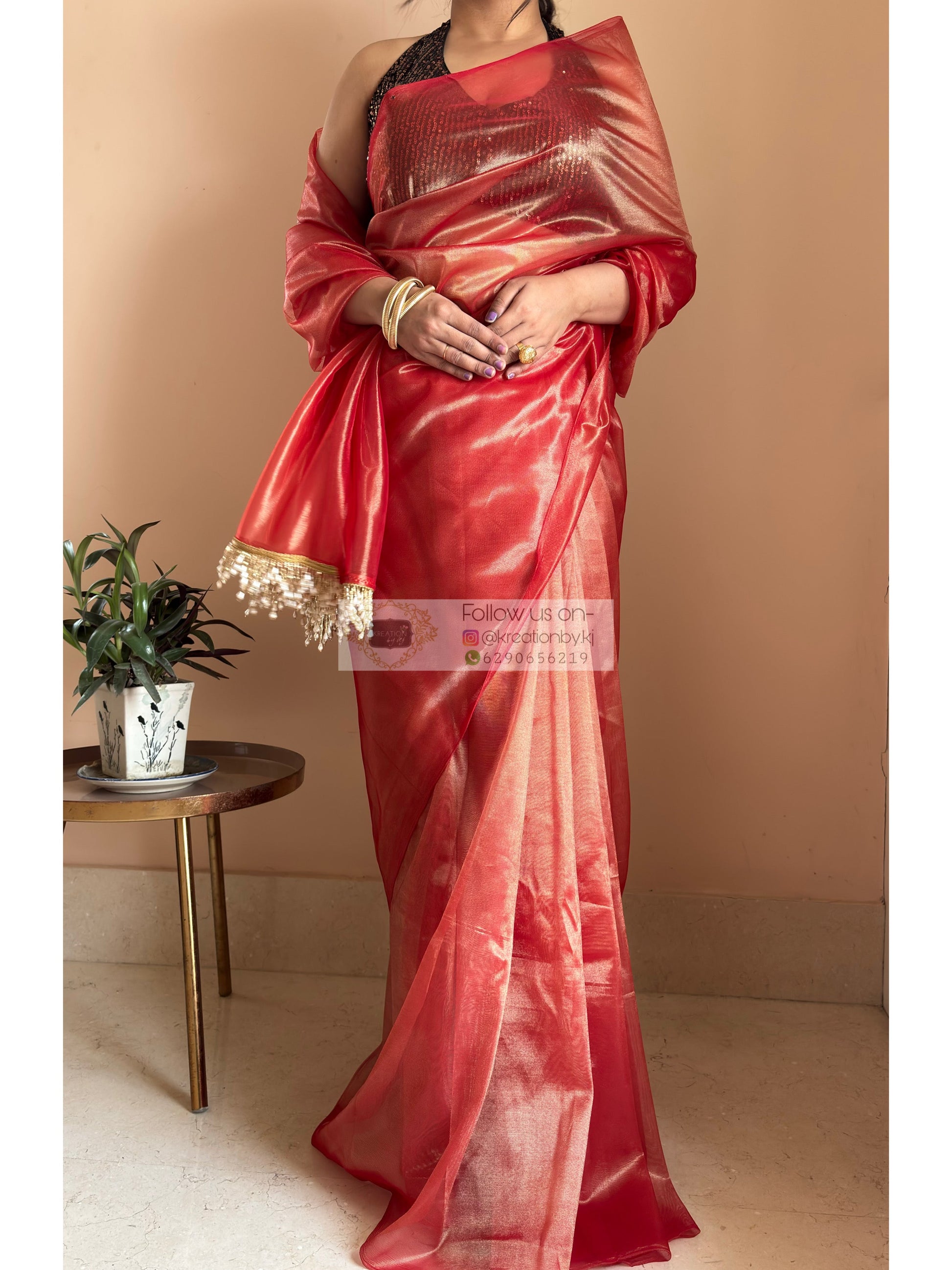 Sunset Orange Tissue Net Saree kreationbykj