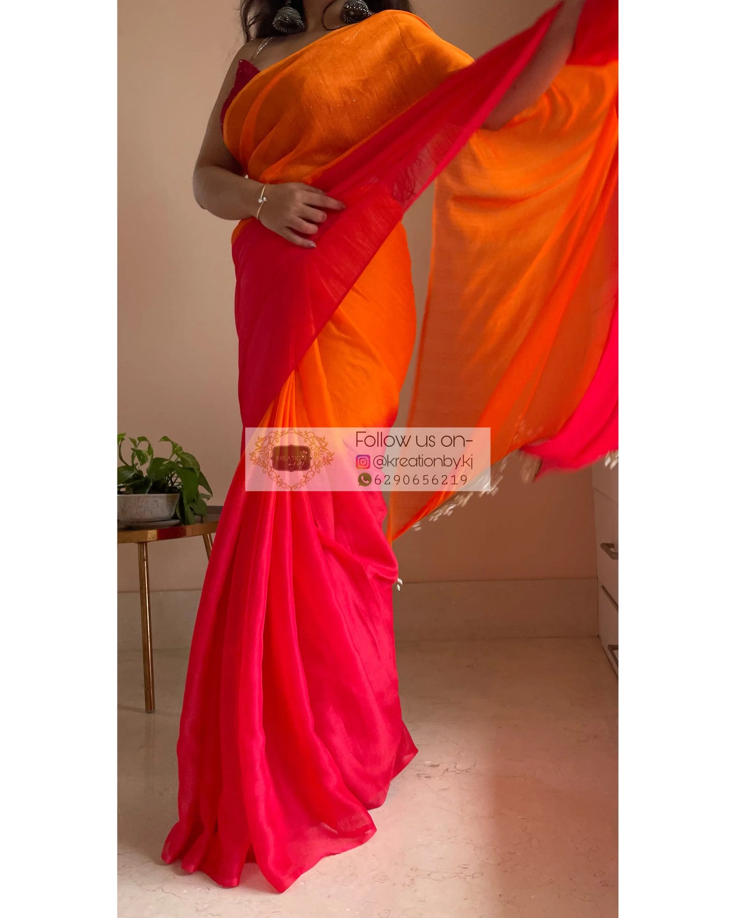 Sunset Ombré Chiffon Saree with Handmade Tassels on Pallu kreationbykj