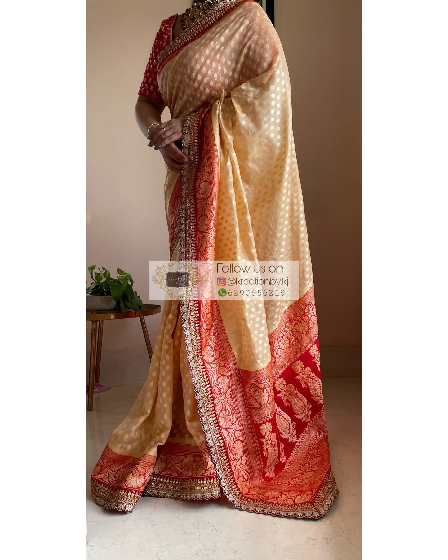 Beige Banarasi Georgette Saree with Red Border for Puja kreationbykj