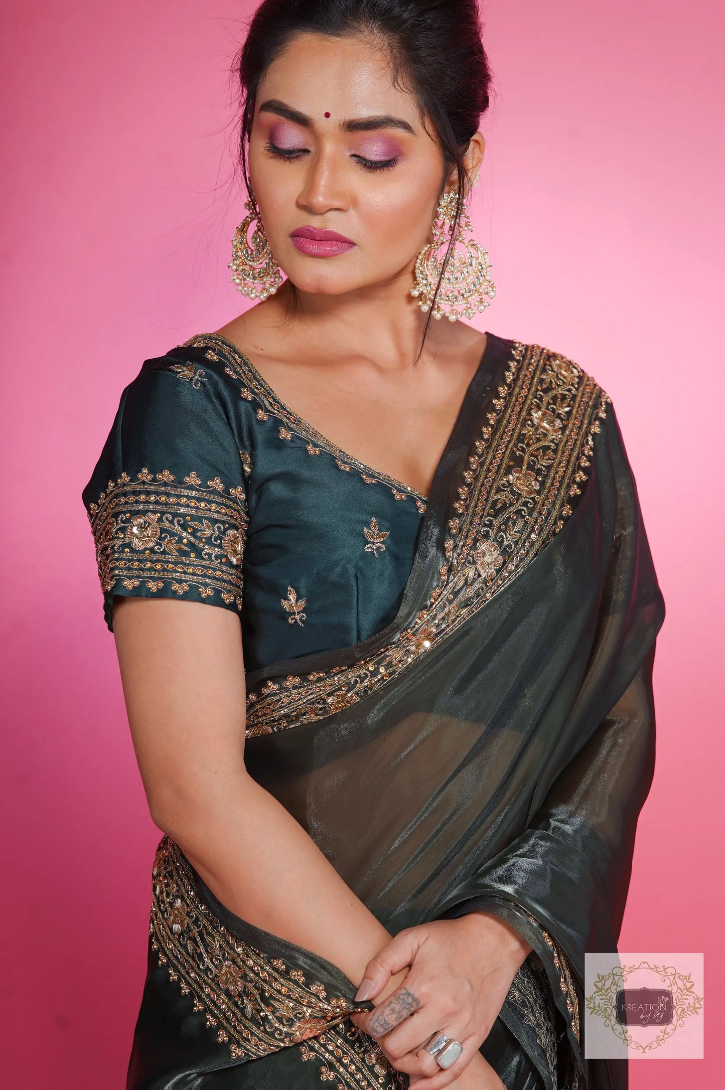 Dark Green Zarina Glassy Organza Saree kreationbykj
