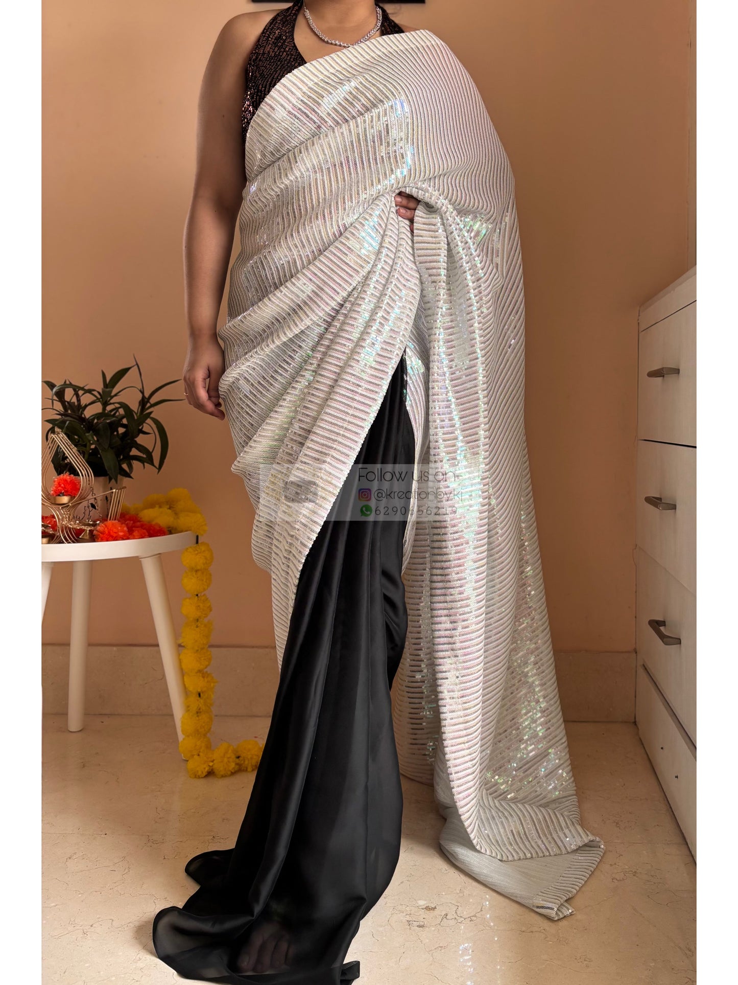 Dazzle White Designer Sequin Half Cocktail Saree Kreation by KJ