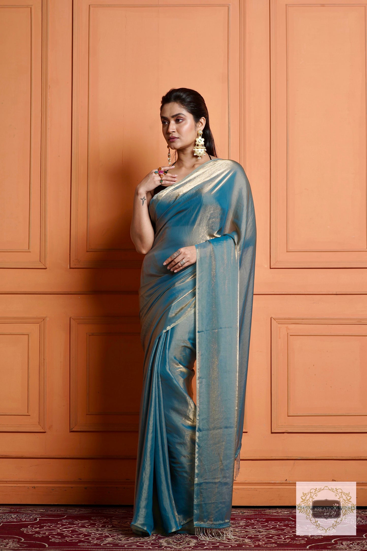 Teal Blue Metallic Shimmer Satin Saree kreationbykj