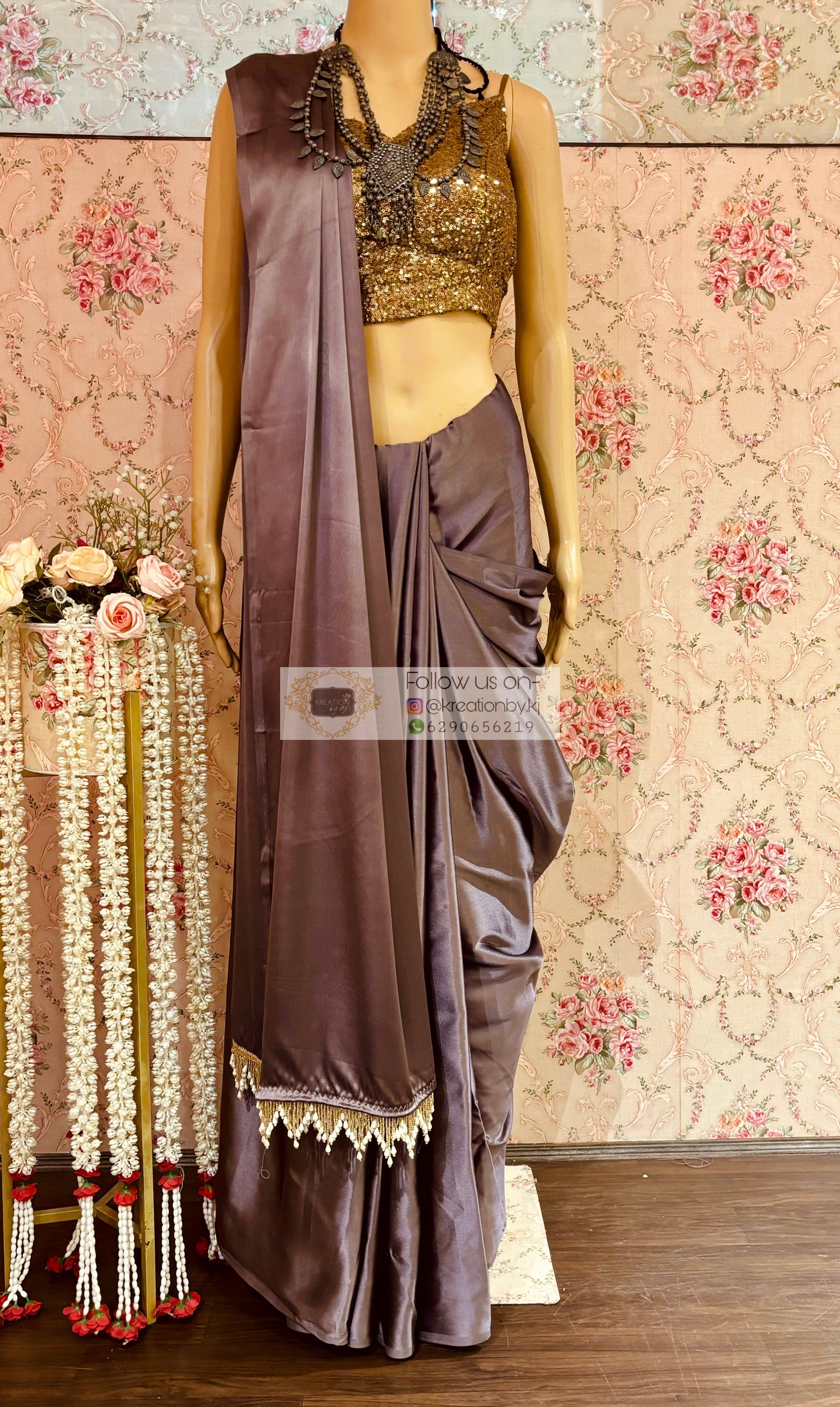 Purple Mauve Satin Silkc Cocktail Saree kreationbykj