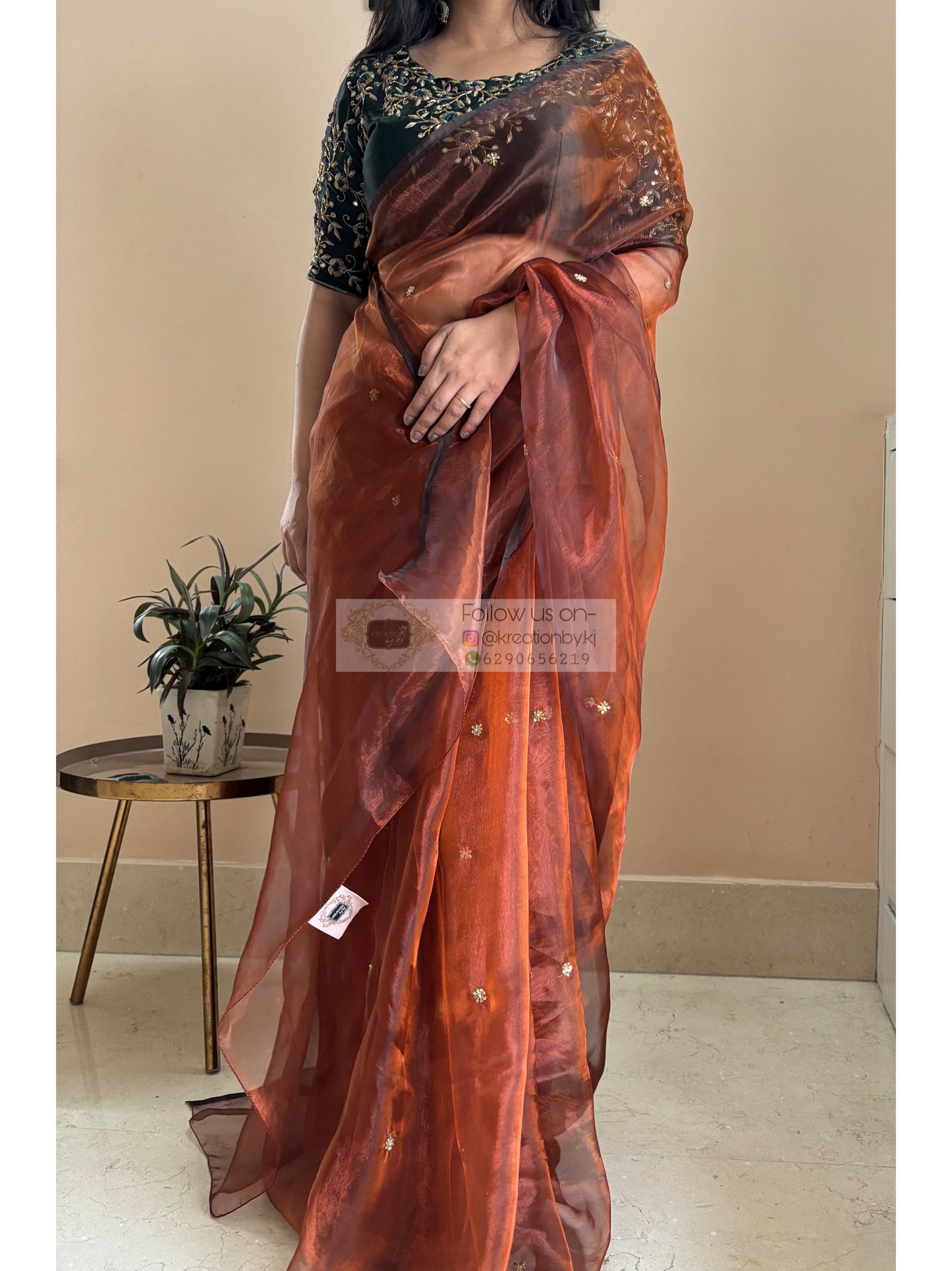 Copper Brown Glass Tissue Cocktail Saree
