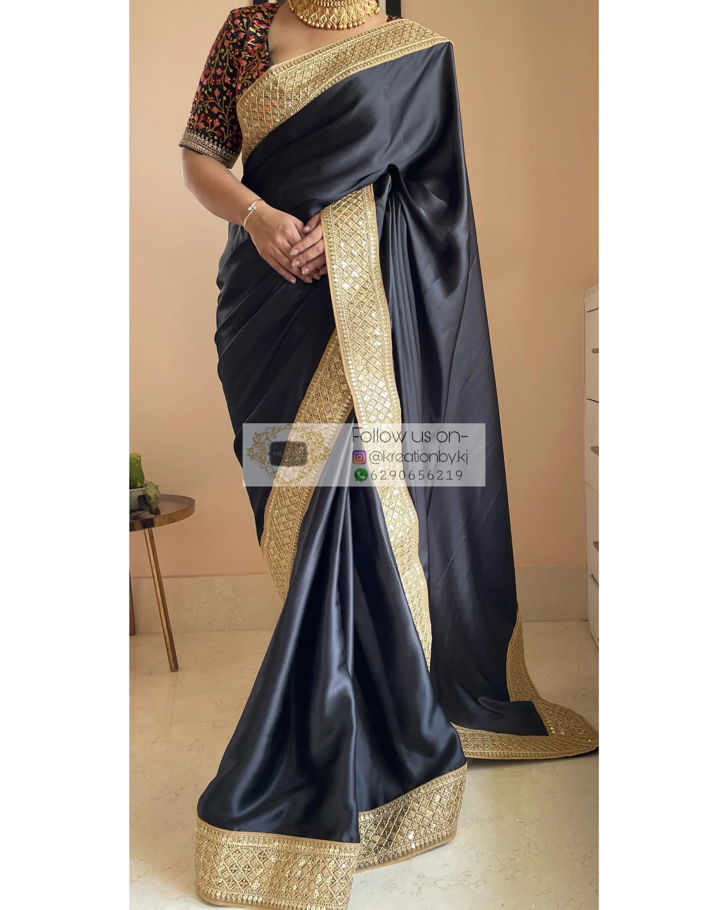 Black Satin Saree with Gold Border kreationbykj