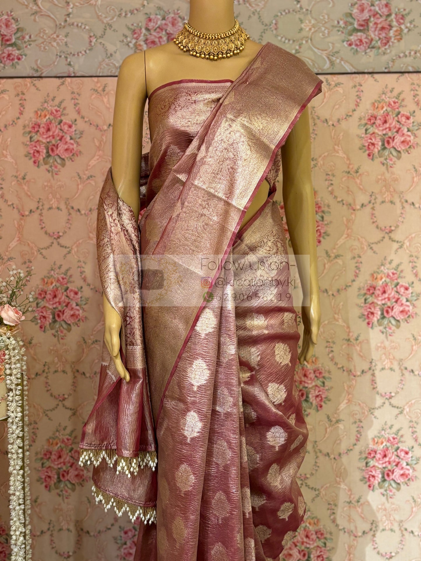 Dusty Mauve Banarasi Crushed Tissue Saree kreationbykj