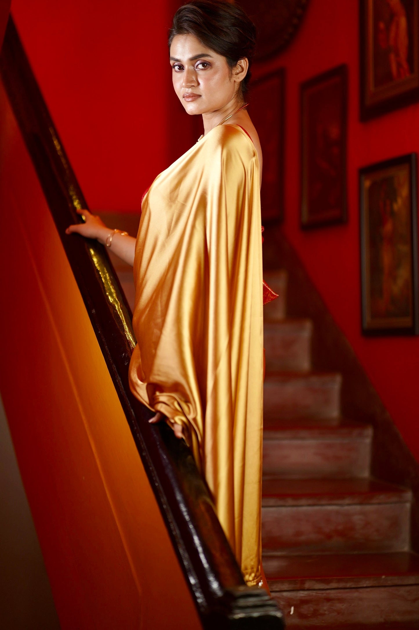 Champagne Gold Satin Saree kreationbykj
