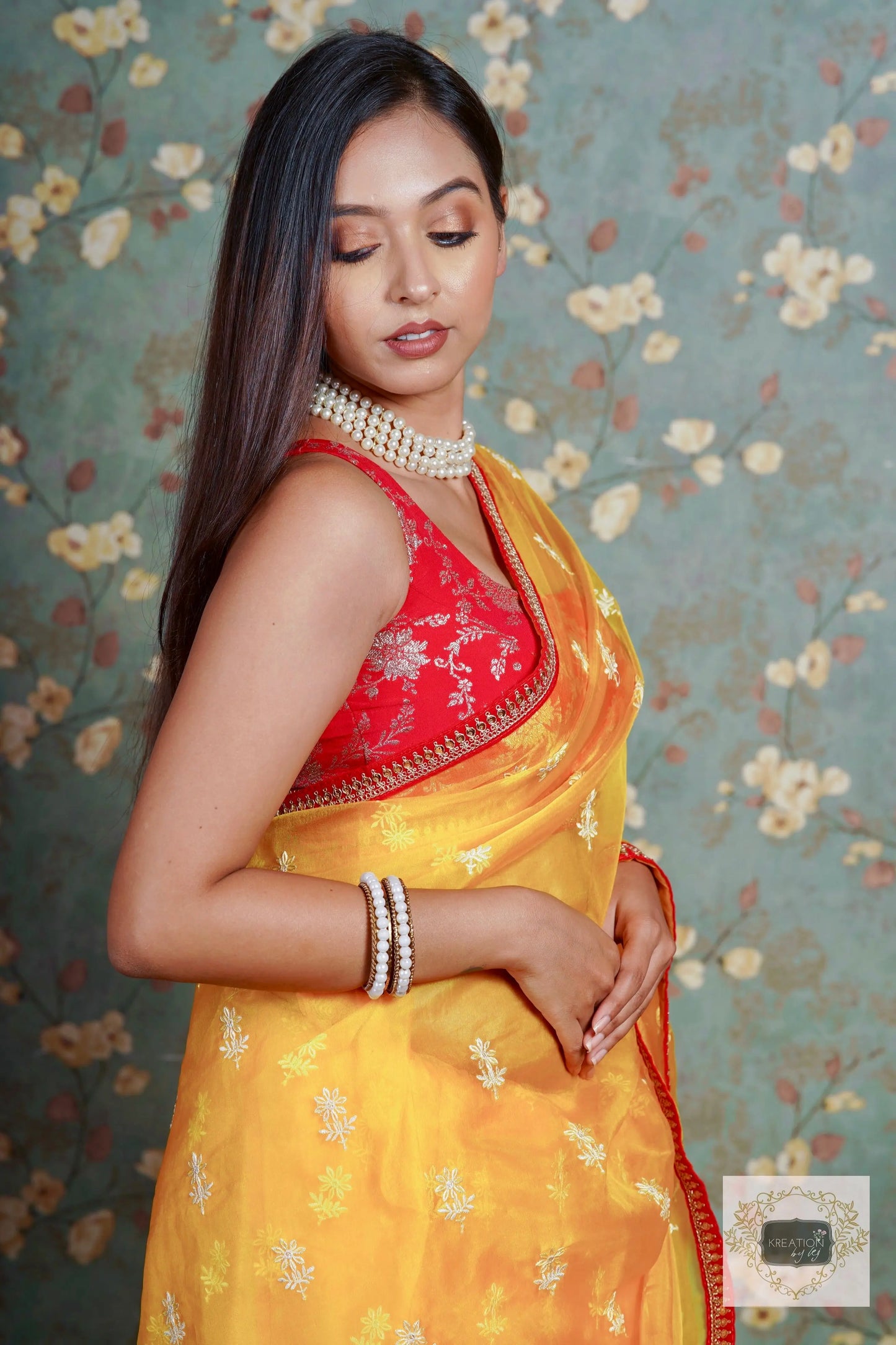 Yellow Snow Drop Organza saree For Haldi kreationbykj