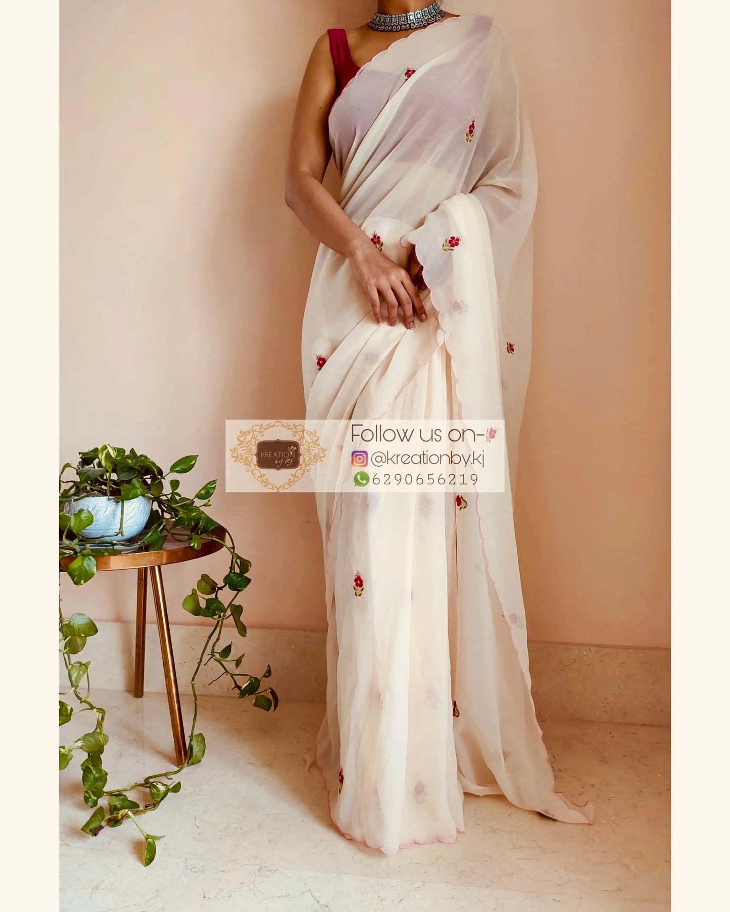 Off White Georgette Periwinkle Saree kreationbykj.in