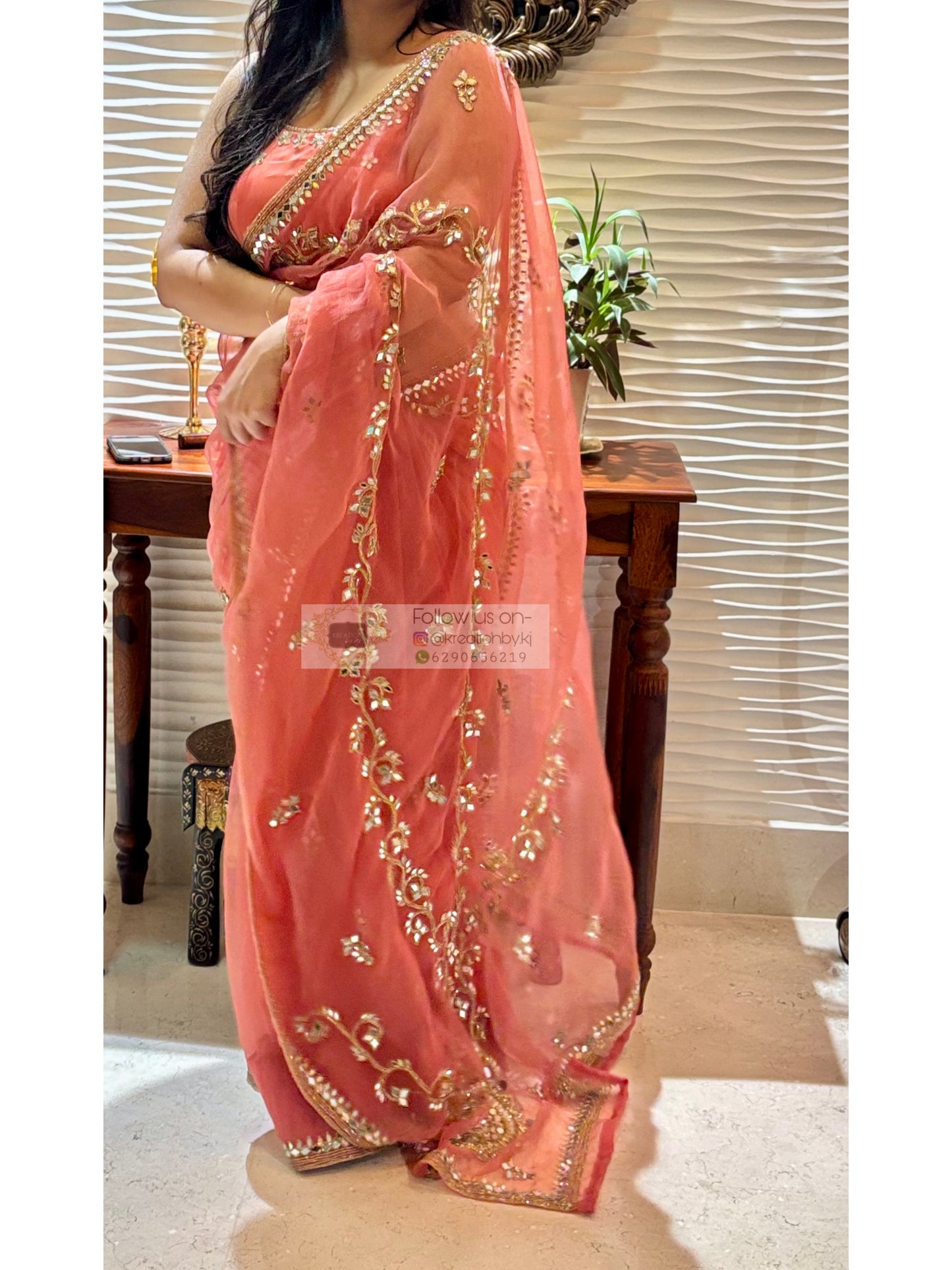 Peach Sheesh Leher Real Mirror Cutwork Saree Kreation by KJ