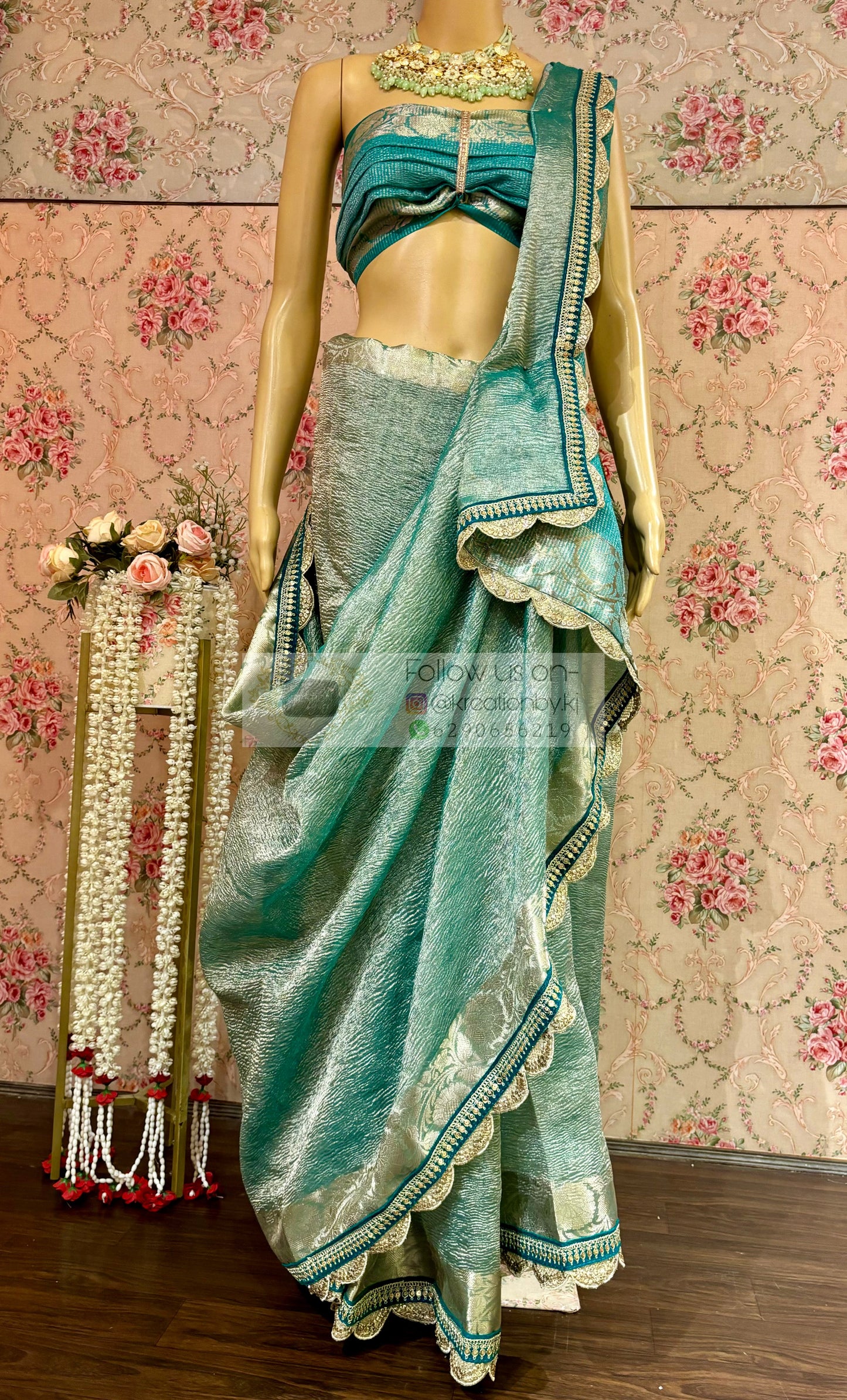 Sea Green Crushed Tissue Banarasi Saree kreationbykj