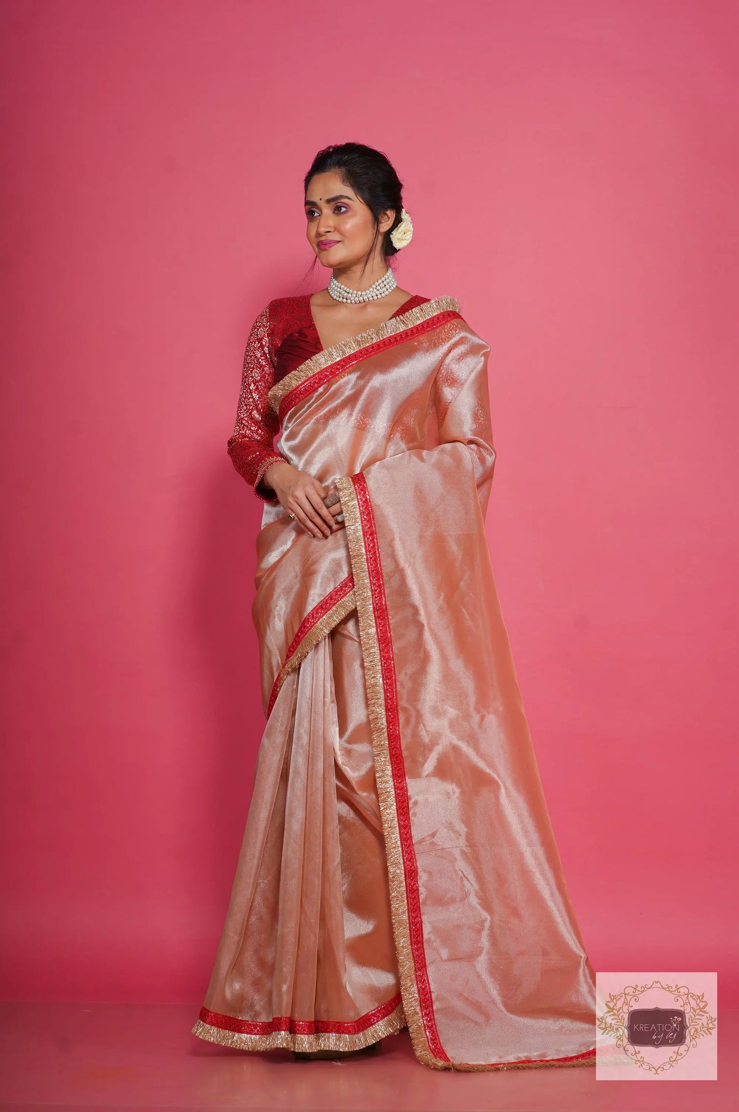 Peach Tissue Banno Saree kreationbykj