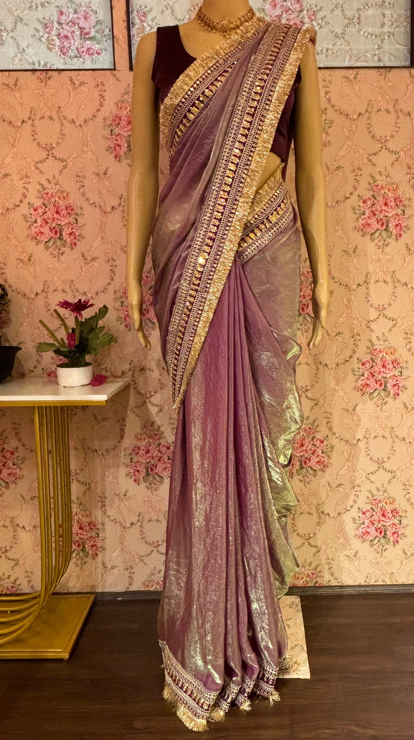 Mauve Metallic Shimmer Satin Banno Saree kreationbykj